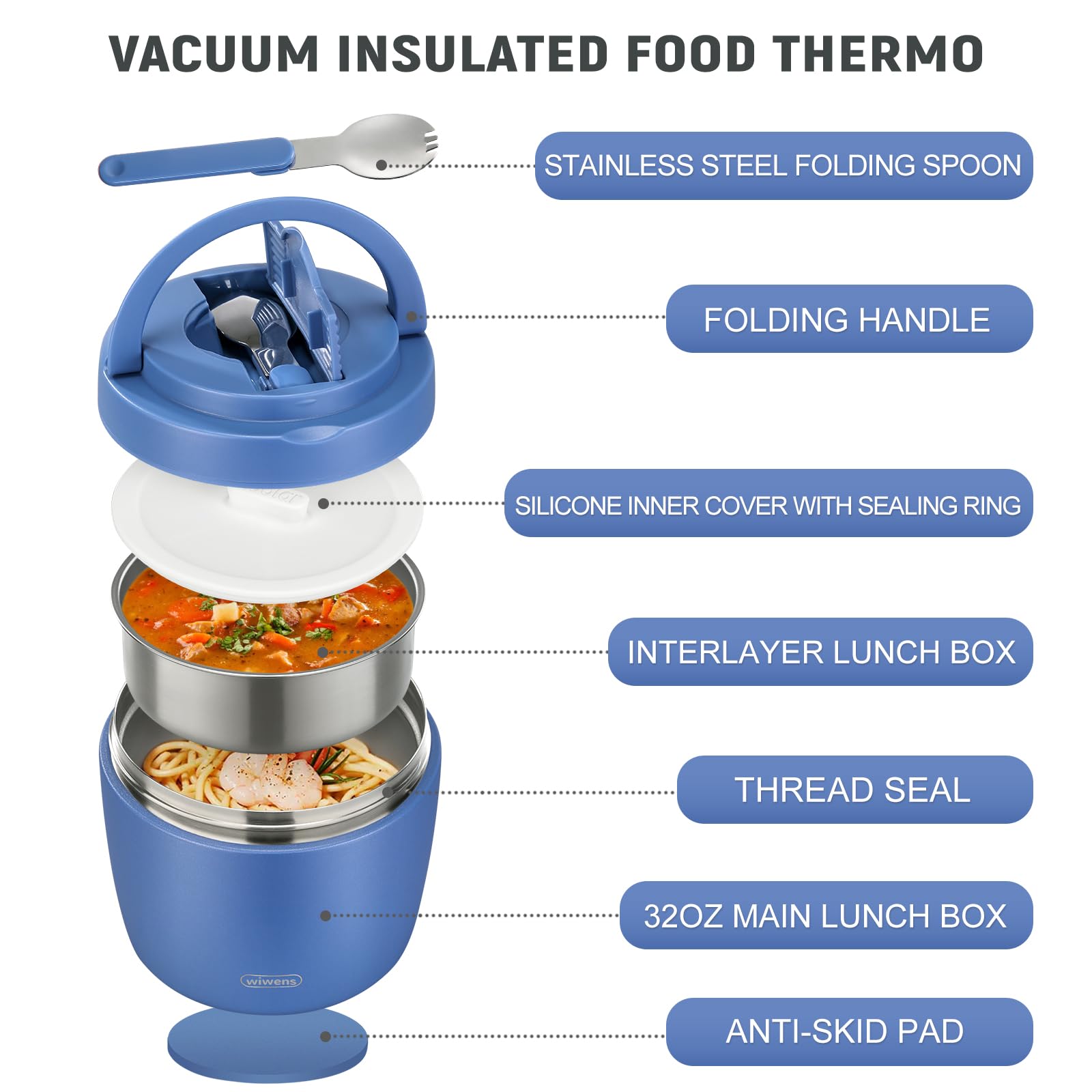 wiwens Thermo Food Jar for Hot Food Adults 32OZ Soup Thermo Lunch Containers Wide Mouth Vacuum Insulated Stainless Steel Leakproof Bento Box with Spoon (Beige)