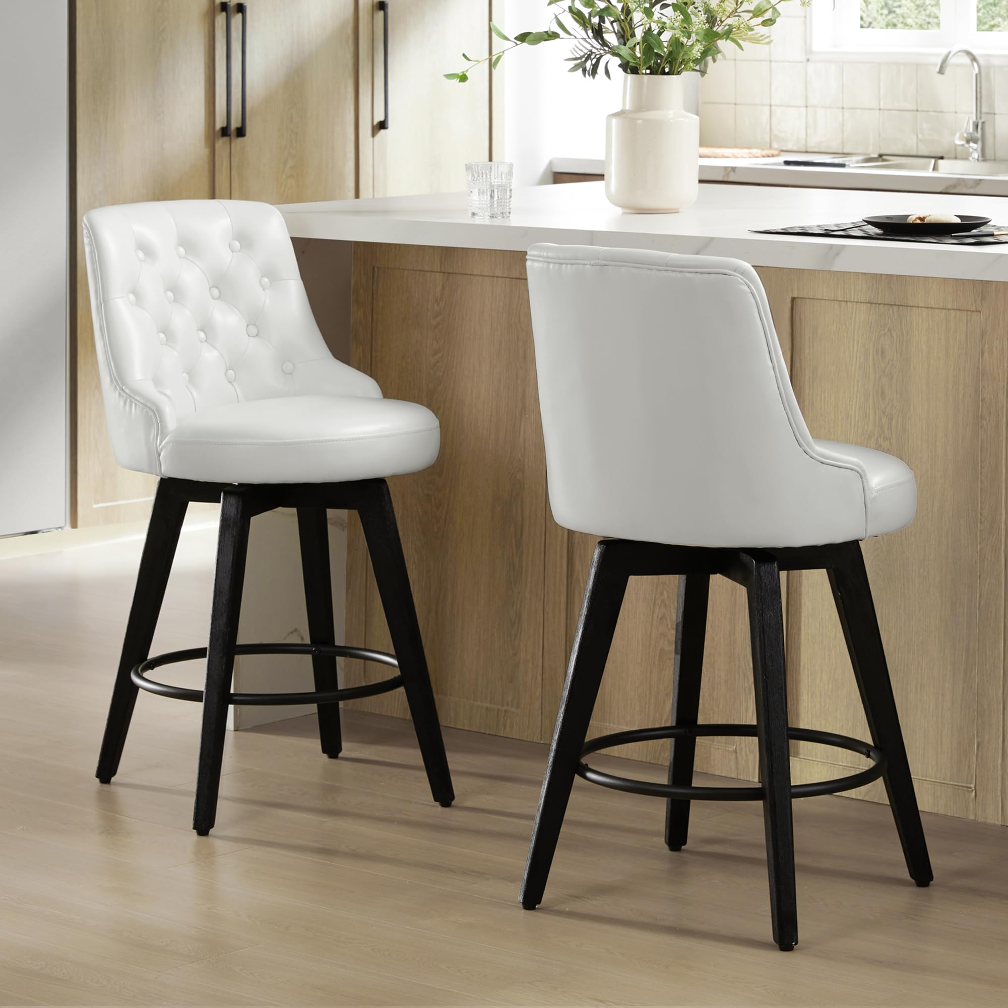 Watson & Whitely Counter Height Bar Stools, Performance Fabric Upholstered Modern Swivel Barstool with Back, Solid Wood Legs, 26" H Seat, Flint Grey