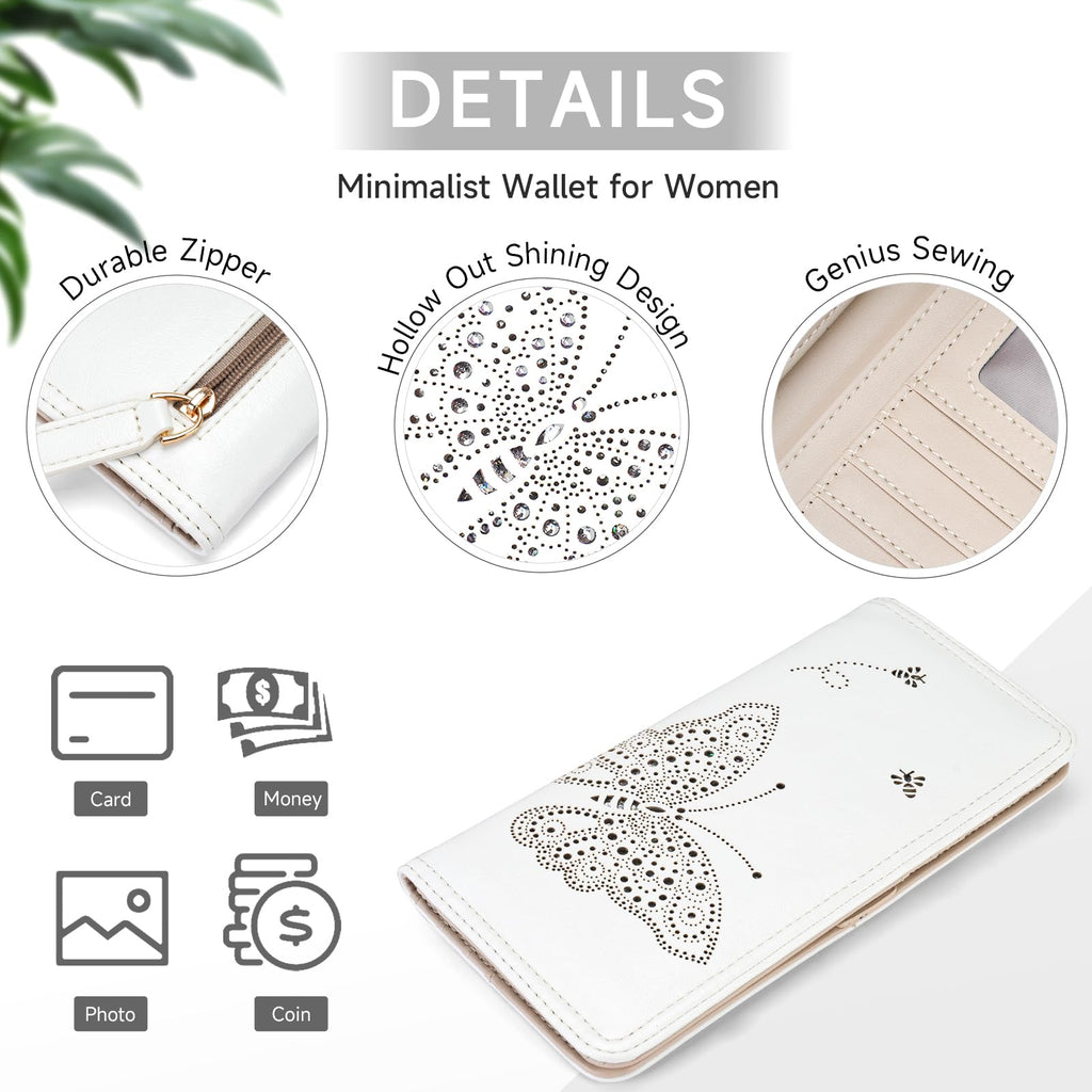 KITEVIUN RFID Wallet Women Ultra Slim Thin Womens Wallet Compact Clutch Long Ladies Wallet for Women WHITE