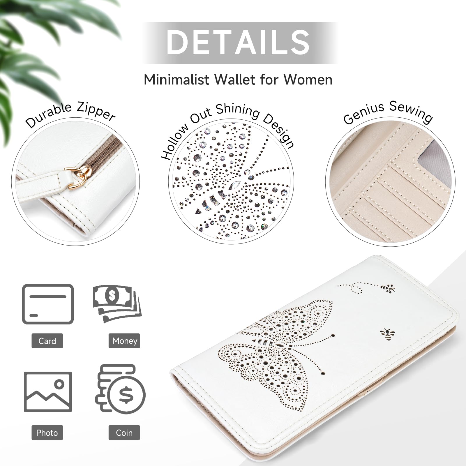 KITEVIUN RFID Wallet Women Ultra Slim Thin Womens Wallet Compact Clutch Long Ladies Wallet for Women WHITE