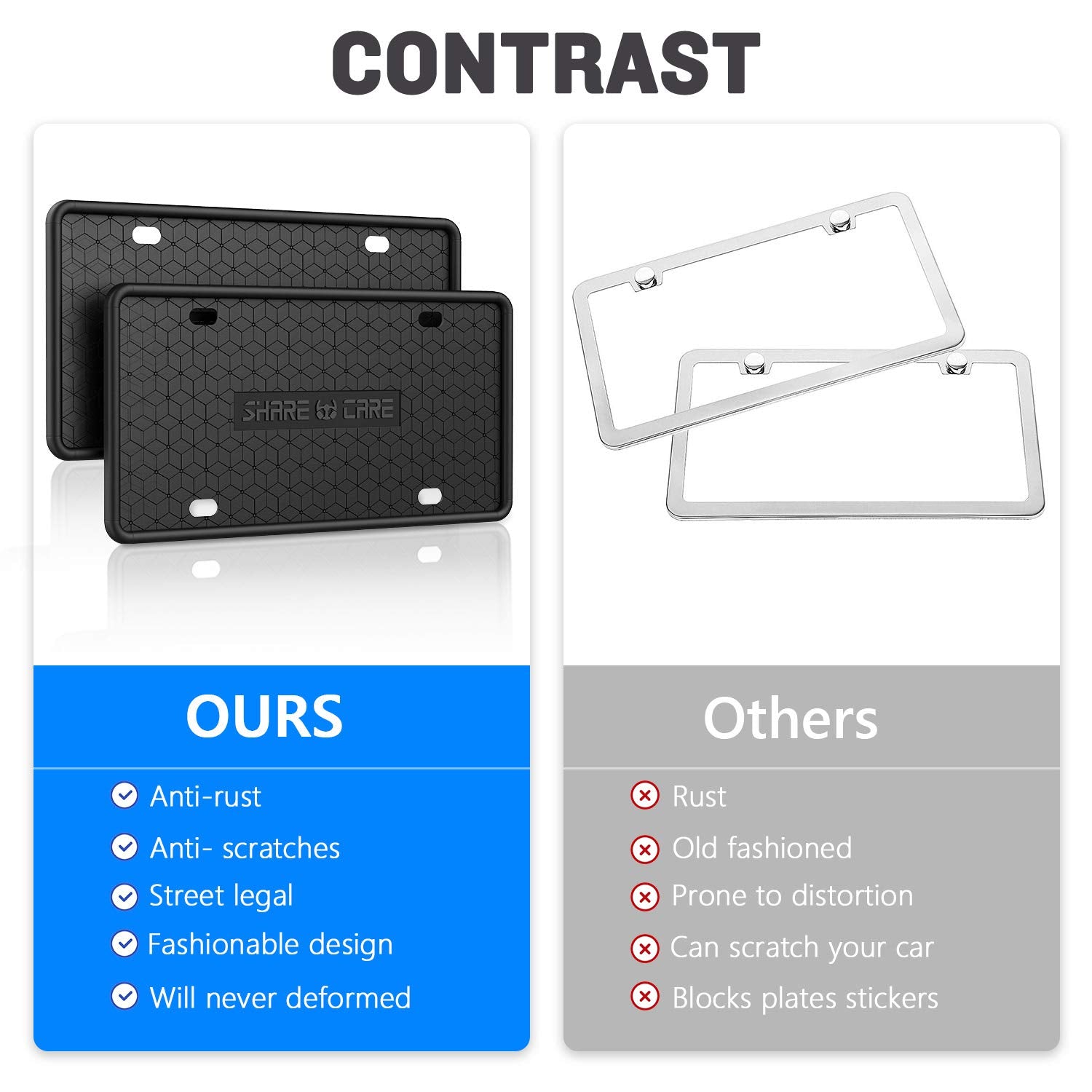 QiqaMole 2 Pack License Plate Frame Include 1 Silicone License Plate Frame and 1 Crystal License Plate Cover with Rhinestone Crystal Diamond Screw Set Car Bling License Plate Frame (Black + AB Color)