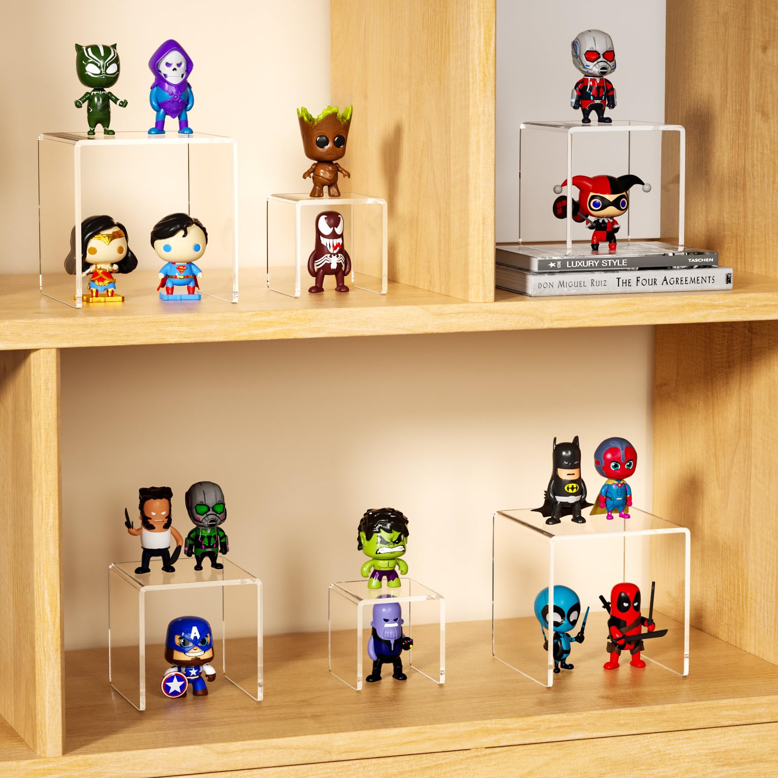 NIUBEE Acrylic Display Risers Stand 2 Sets,3 Steps Clear Riser Shelf Showcase for Amiibo Funko POP Figures -3"x3"x4"