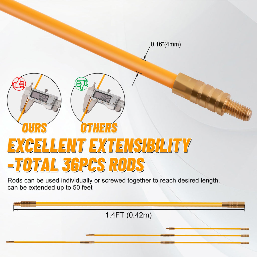 KOOTANS 11FT Fiberglass Running Electrical Wire Cable Glow Rods Wire Pulling Tools Fish Tape Cable Puller Through Wall Snake Fish Rods Kit with Different Attachments