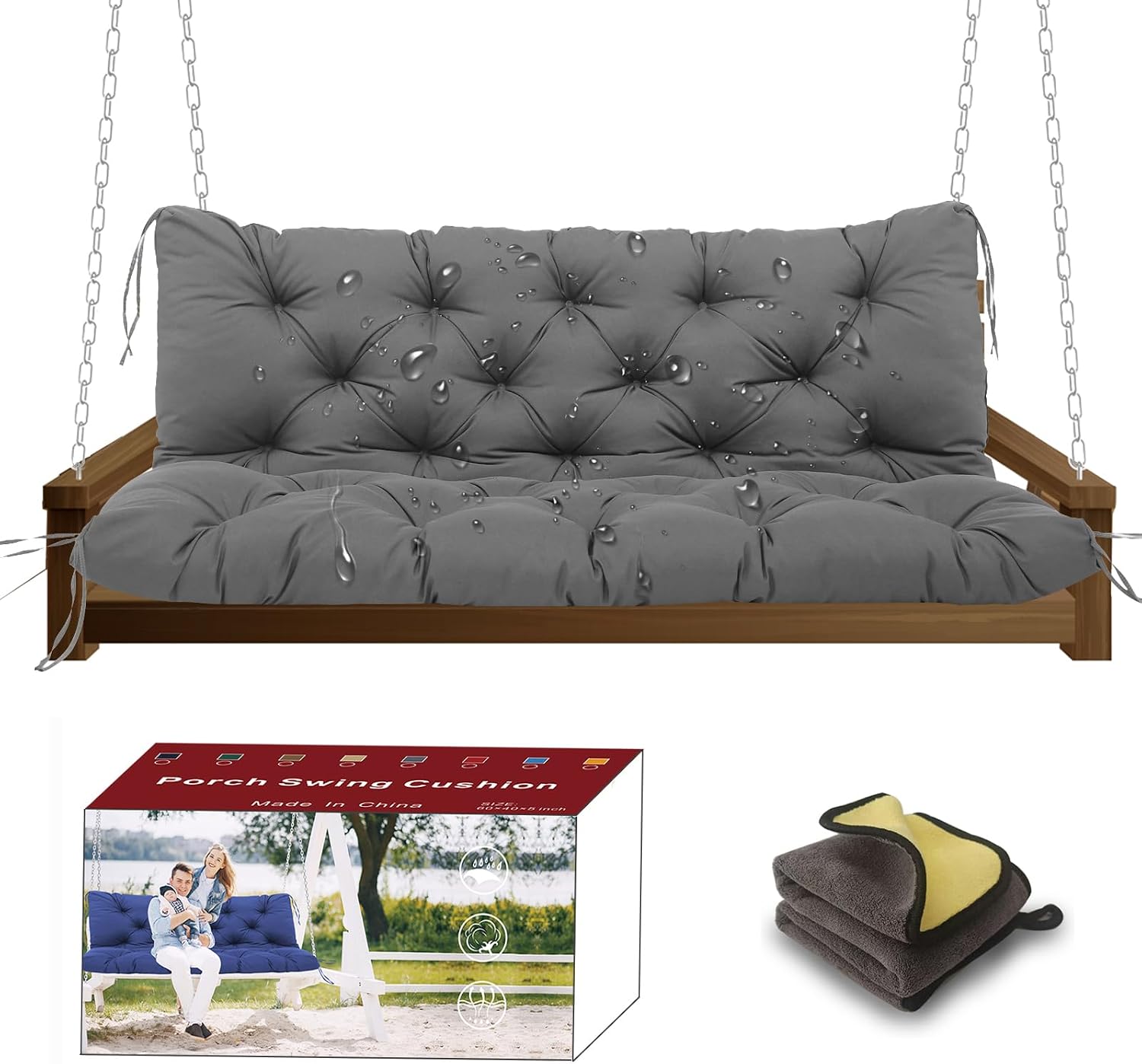 Porch Swing Cushions +Towel, 5" Thick Waterproof Swing Cushions for Outdoor Furniture,3 Seat Swing Cushion Replacement for Patio Swing,Outdoor Swing,Garden Bench