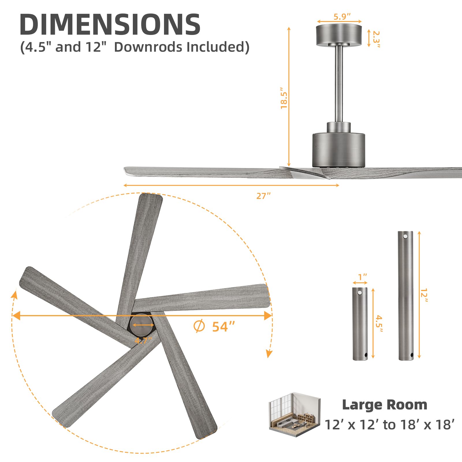 WINGBO 54" ABS DC Ceiling Fan No Light, 5 Blade Wood Grain ABS Ceiling Fan with Remote, 6-Speed Reversible DC Motor, Ceiling Fans without Light for Kitchen Bedroom Living Room, Antique Nickel and Grey
