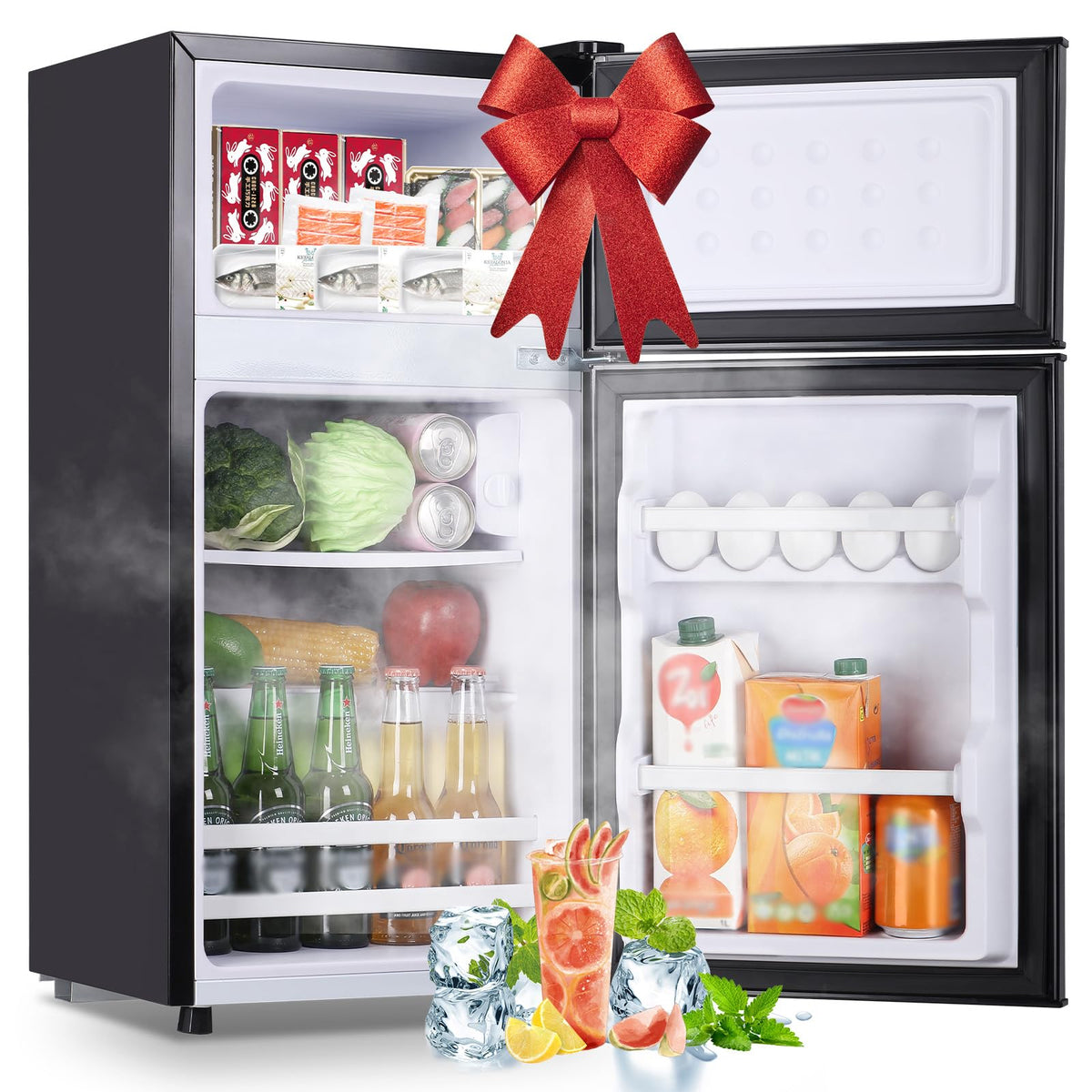 DEMULLER Mini Fridge with Double Doors Small Refrigerator with Separate Freezer & 7 Adjustable Temperature Control, Tiny Size & Personal Fridge Ideal for Office Apartment Dorm Black