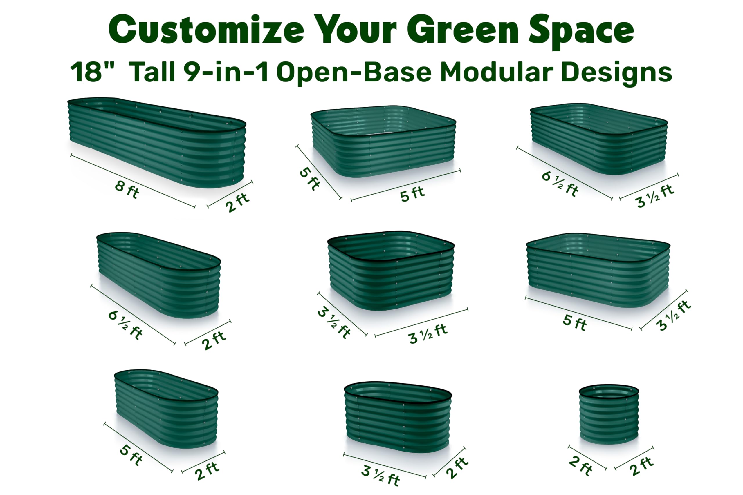 9-in-1 Galvanized Steel Raised Garden Bed // 8×2×1.5 ft Modular Planter for Gardening, Vegetables, Flowers // 18" Tall Metal Raised Garden Beds Outdoor (Dark Green) // Patented Design Planter Box