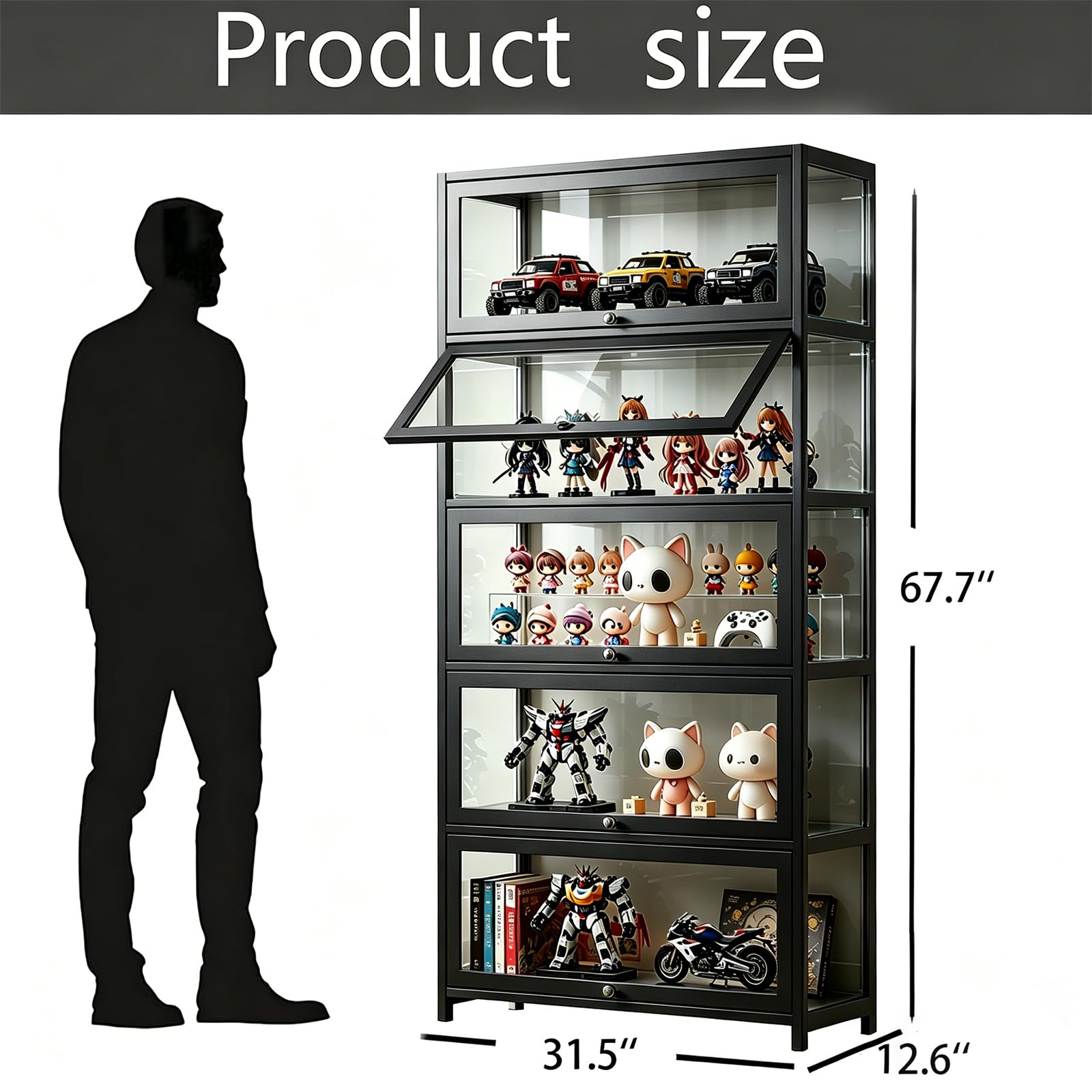 Display Cabinet with Acrylic Glass Door, 5 Tier Curio Display Case, Collectibles Toy Organizers Rack & Display Shelf, Kids Bookcase for Bedroom, Reading Nook, living Room, Bamboo (Black -flip Door)