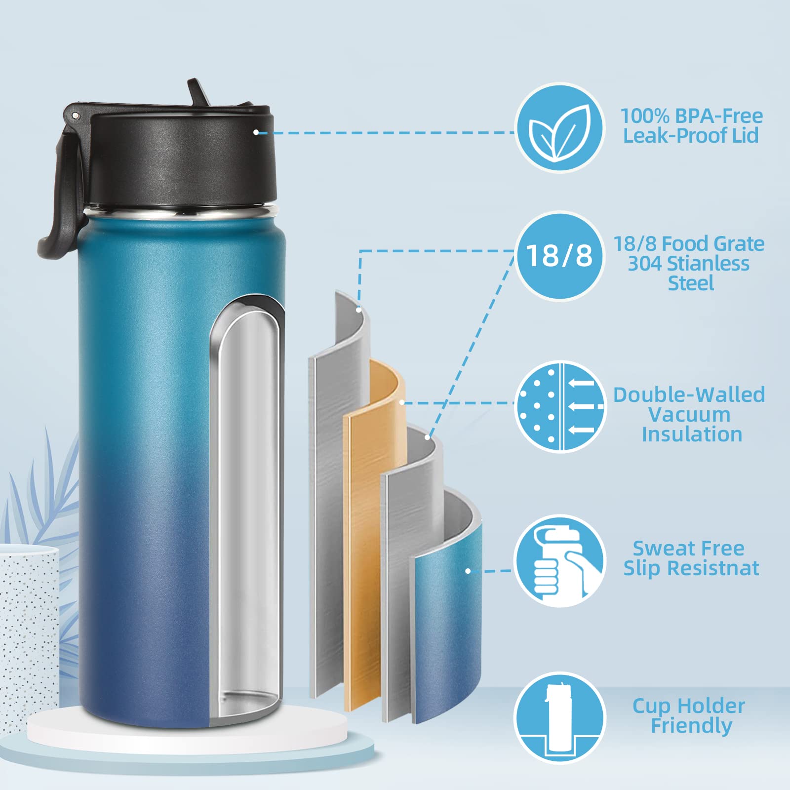 Volhoply Kids Insulated Water Bottle with Straw,16oz Stainless Steel Cold Water Bottles for School,BPA-Free Metal Wide Mouth Cups with Handle Lid,Reusable Double Wall Vacuum Sport Flask(Black,1)
