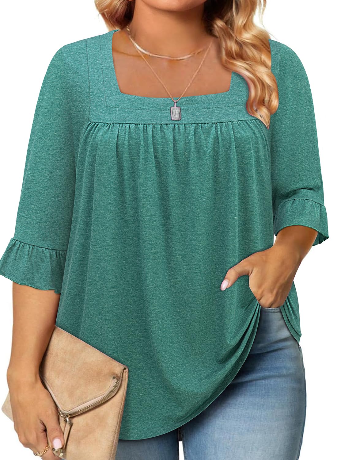 Siddhe Womens Plus Size Tops Loose Fit 3/4 Ruffle Sleeve Blouses Square Neck T Shirt Casual Tunic Tops(1X-5X)