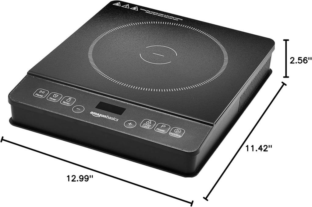 Amazon Basics 1800W Portable Electric Induction Cooktop, Burner and Child Lock, Overheat Protection, Timer, 8 Power Settings, Temperature Control Up to 440°F, for Cookware Diameter 5.7"-8.2", Black