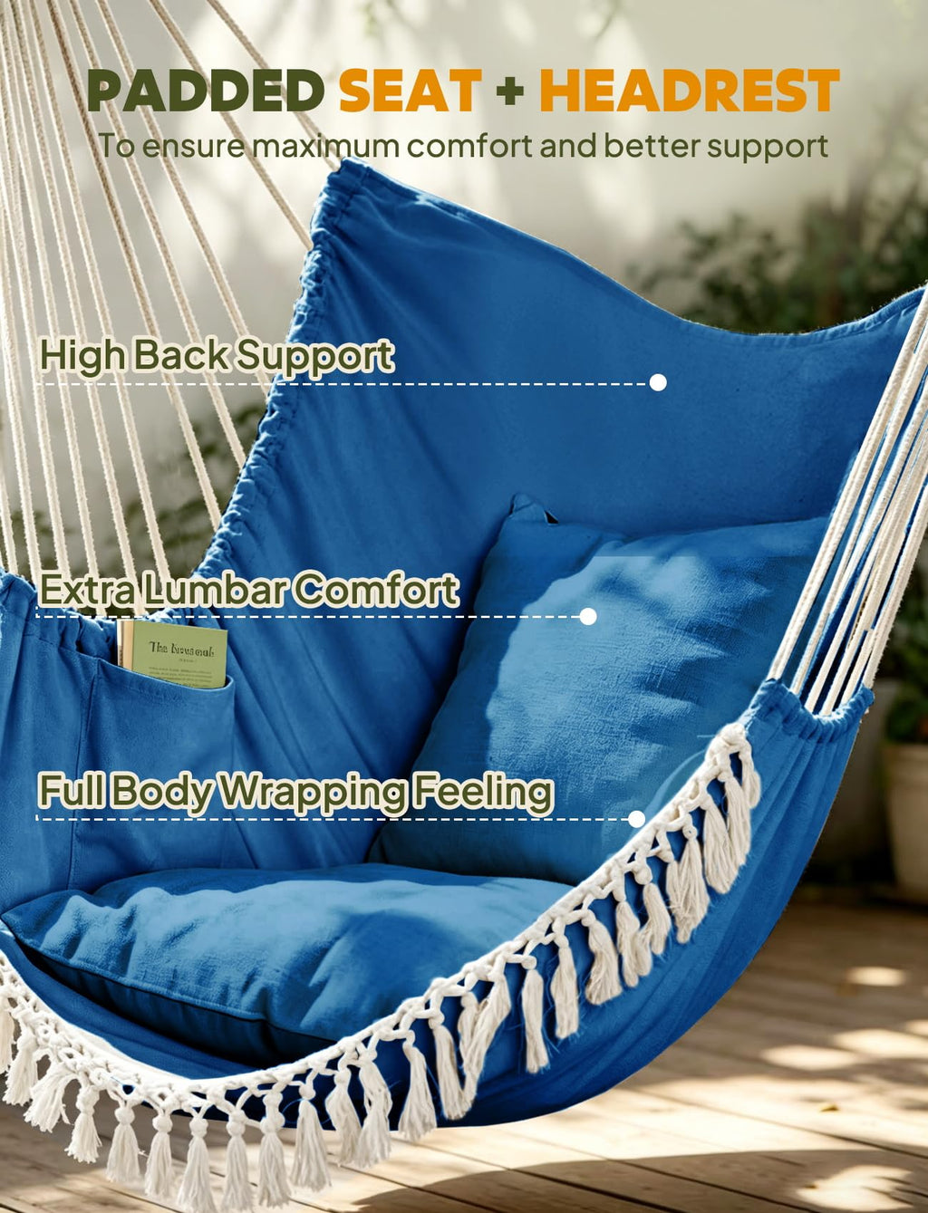 Chihee Hammock Chair Hanging Swing Max 500 Lbs 2 Cushions Included Metal Spreader Bar with Anti-Slip Grooves Portable Hanging Chair Side Pocket Large Macrame Bohemian Chair Indoor Outdoor | Hanging Swing with Anti-Slip Grooves Portable Hanging Chair Side