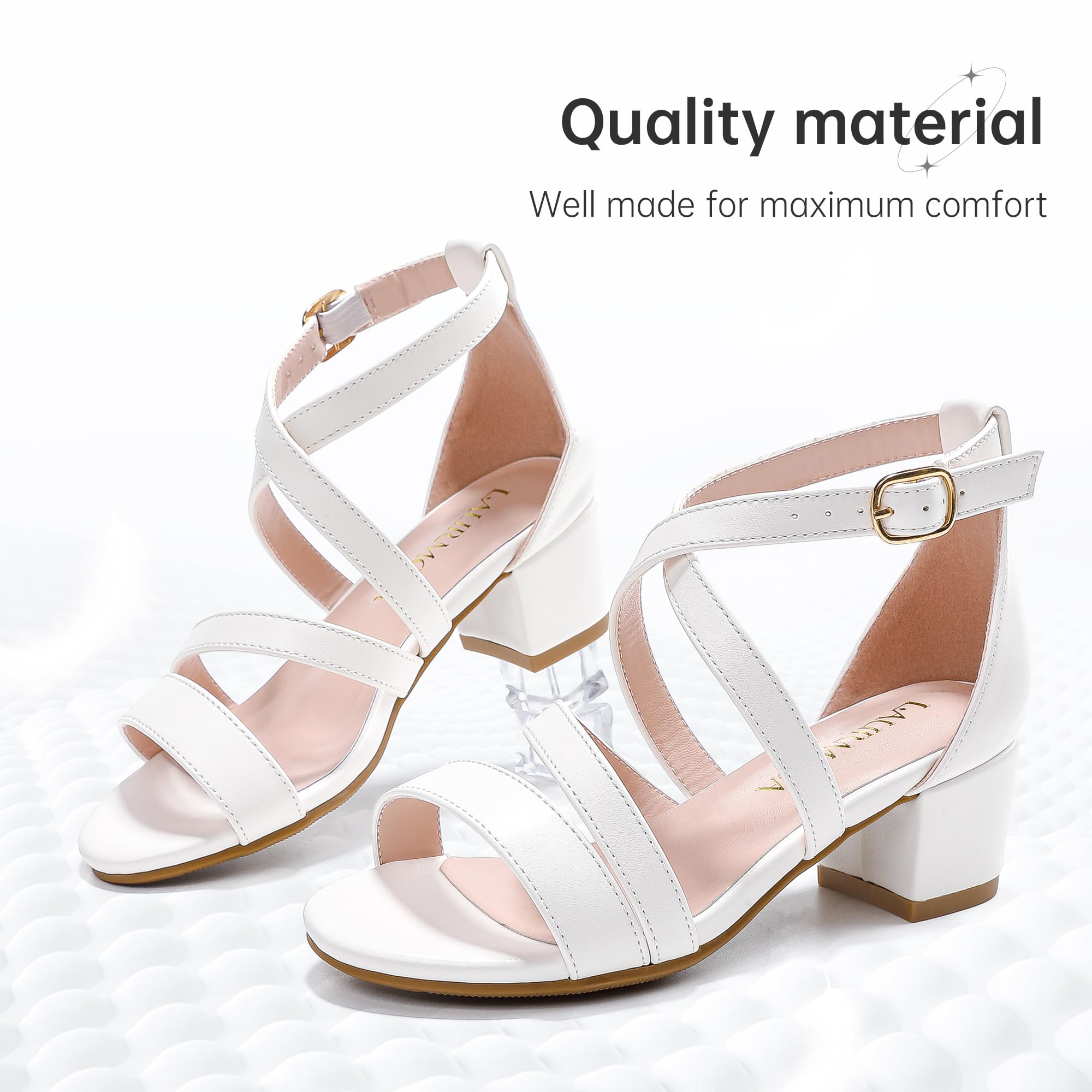 LAURMOSA Girls Sandals Chunky High Heel Strappy Open Toe Ankle Strap Dress Shoes for Little Big Kids in Wedding Party