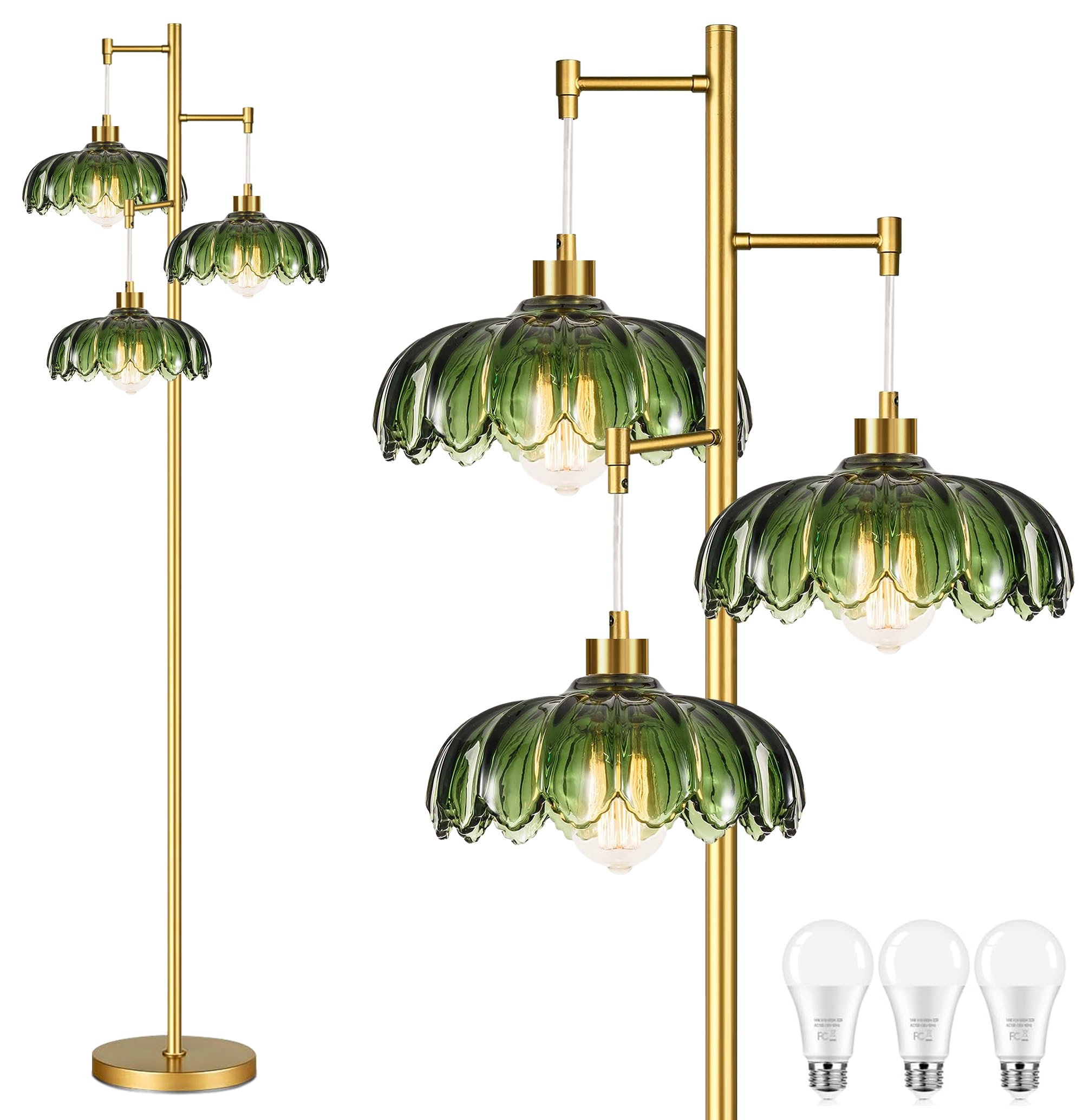 AHDWDW Gold Floor Lamp for Living Room Bedroom,Modern Floor Lamps with Unique Amber Glass Shades,68IN Mid Century Tall Flower Standing Lamp,Vintage 3 Lights Tree Floor Lamp for Corner Office Reading