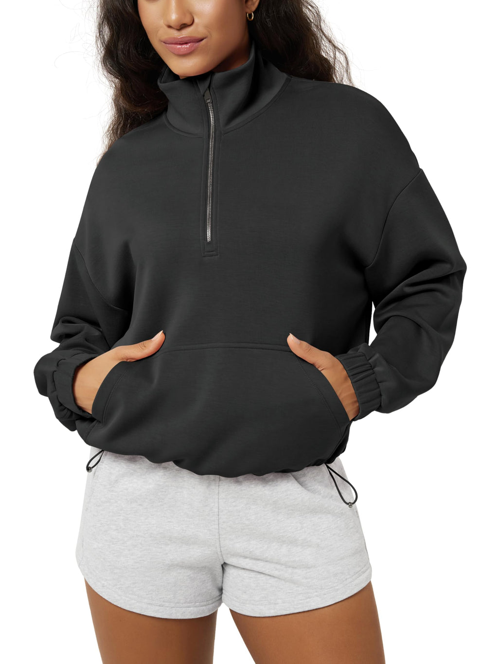 ODODOS Women's Modal Soft Cinchable Sweatshirts Half Zipper Funnel Neck Oversize Pullover with Pockets