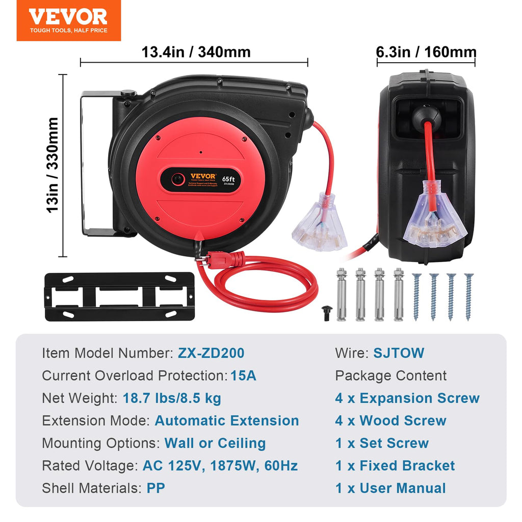 VEVOR Retractable Extension Cord Reel, 30 FT, Heavy Duty 16AWG/3C SJTOW Retractable Power Cord Reel with Lighted Triple Tap Outlet 10 Amp Circuit Breaker 4.5FT Lead-in Cord, for Ceiling or Wall Mount