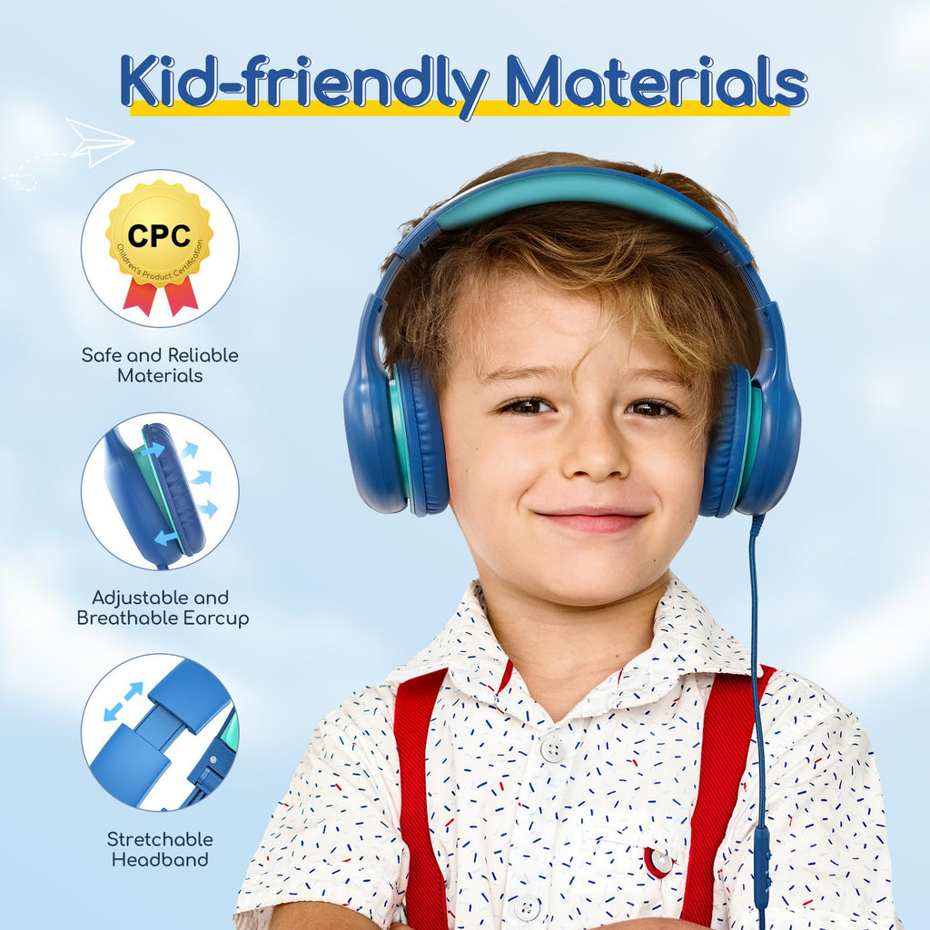 EarFun K1 Kids Headphones Wired with Microphone, 85/94dB Volume Limit Headphones for Kids, Portable Wired Headphone with Shareport, Stereo Sound Foldable Headset for School/Tablet/iPad, Black Red