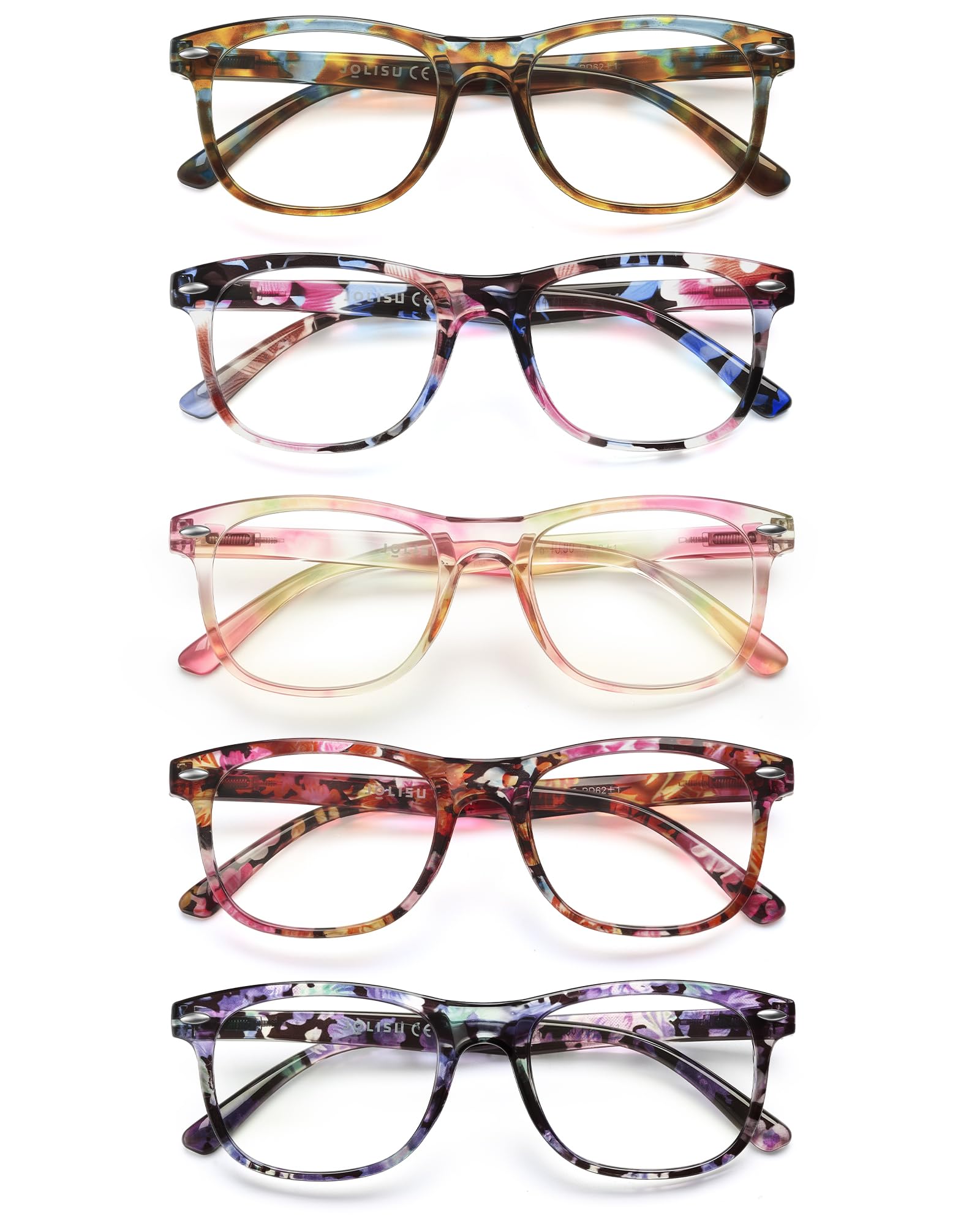 JOLISU Reading Glasses For Women - 5 Pack Stylish Readers For Womens Men Spring Hinge Eyeglasses -Blue Light Blocking Protection Frame (0.50)