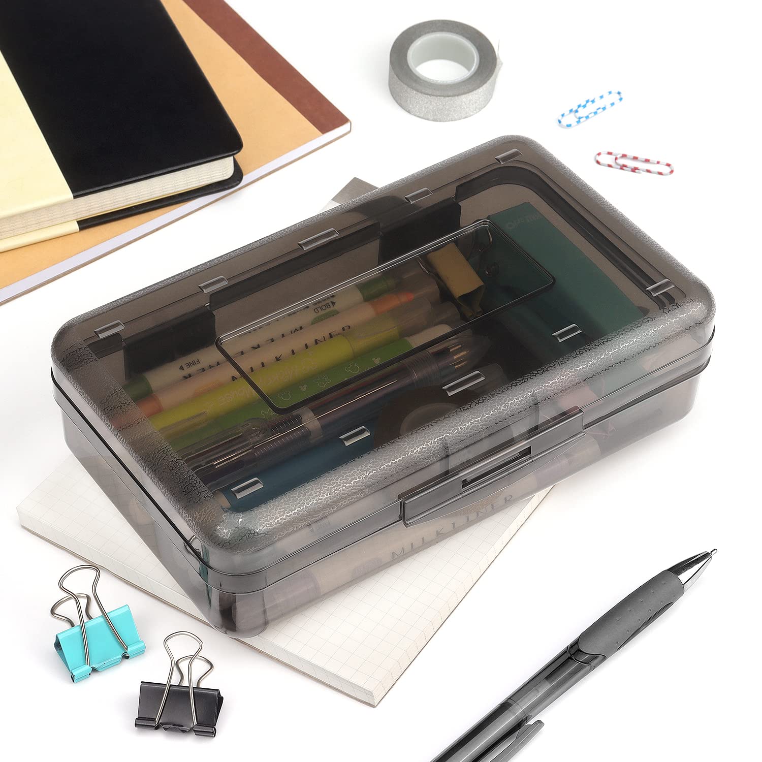 Tamaki 1 Pack Plastic Pencil Box Large Capacity Pencil Boxes Clear Boxes with Snap-tight Lid Stackable Design and Stylish Office Supplies Storage Organizer Box, Black