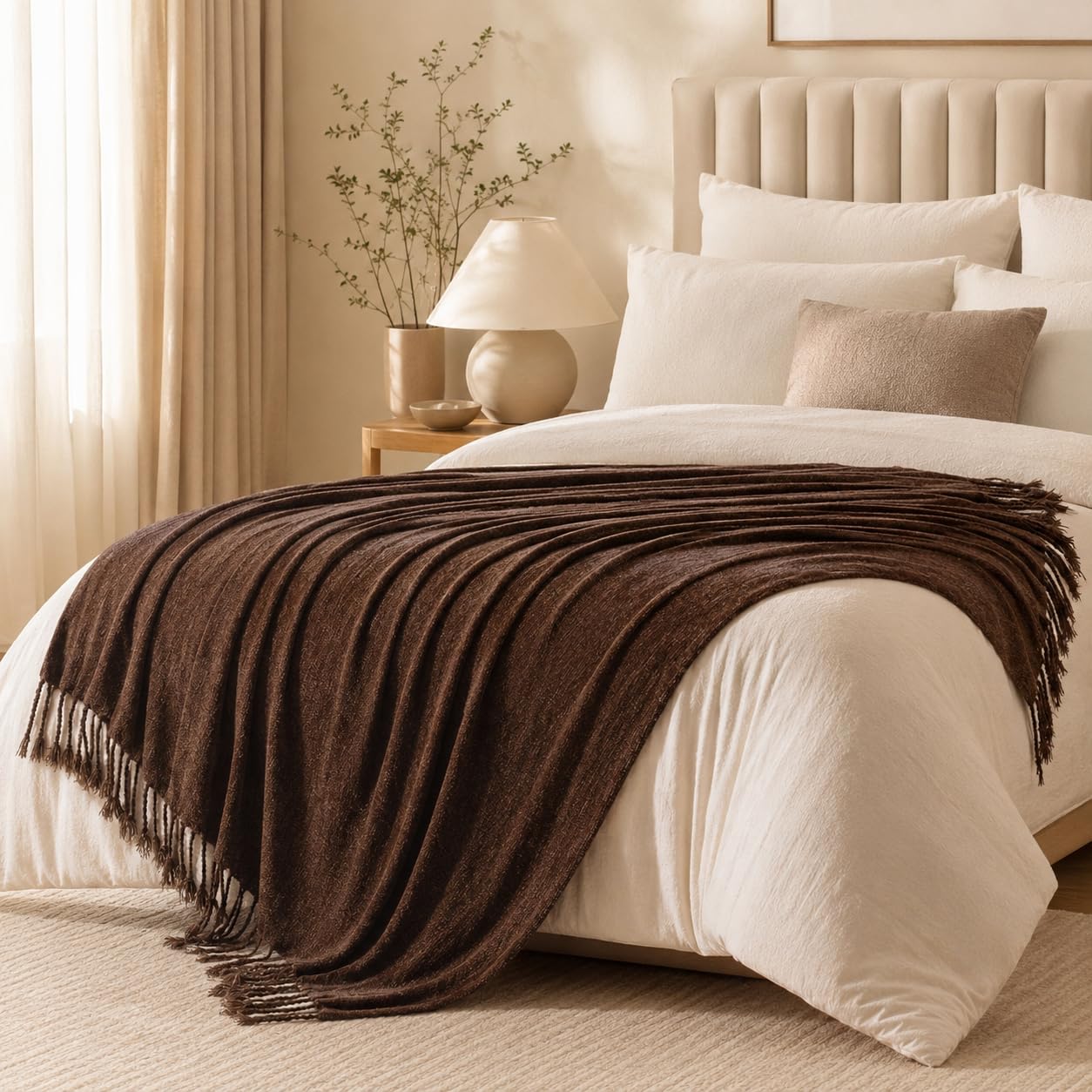 BATTILO HOME Beige Chenille Throw Blanket for Couch, Soft Cozy Textured Knit Throw Blanket with Handmade Fringe Tassels, Lightweight Decorative Farmhouse Blanket for Sofa Bed Chair, 50"x60"