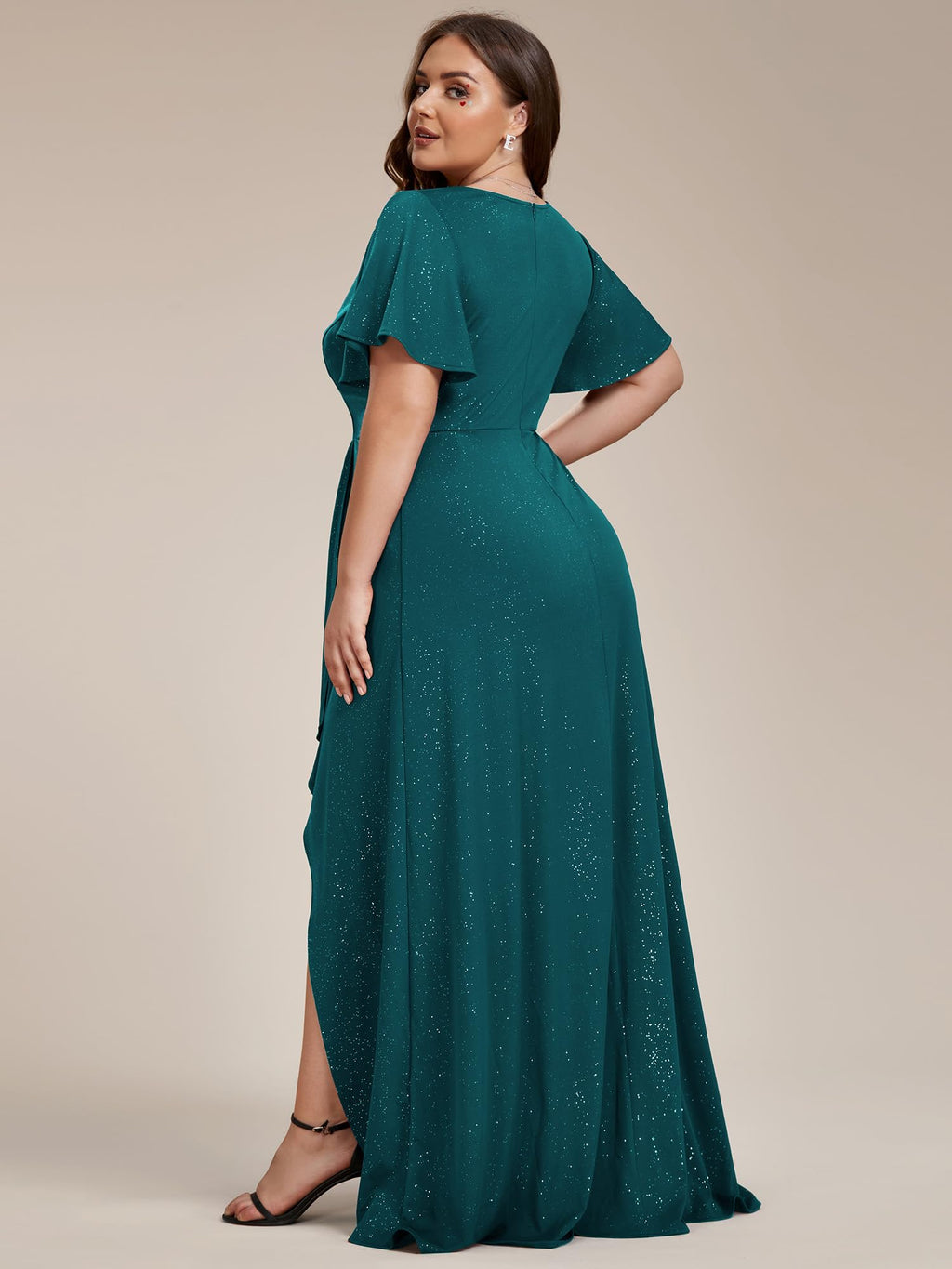 Ever-Pretty Glitter Formal Dresses for Cuvvy Women Plus Size A-line High Low Wedding Guest Gala Dress with Ruffles Sleeves