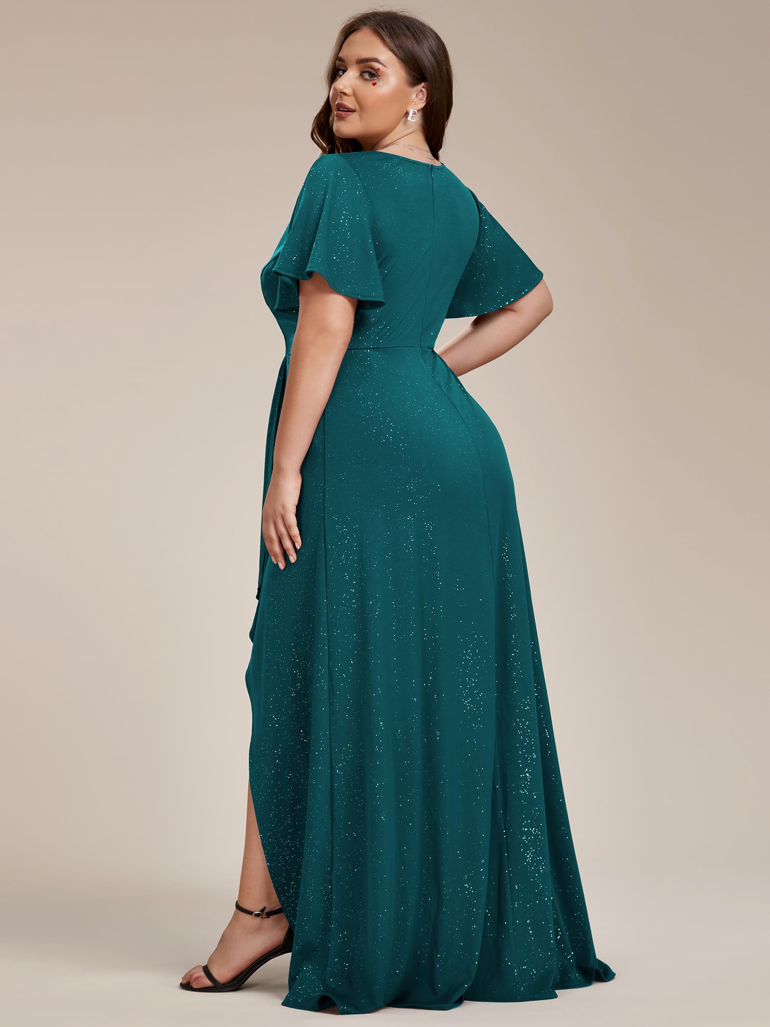 Ever-Pretty Glitter Formal Dresses for Cuvvy Women Plus Size A-line High Low Wedding Guest Gala Dress with Ruffles Sleeves