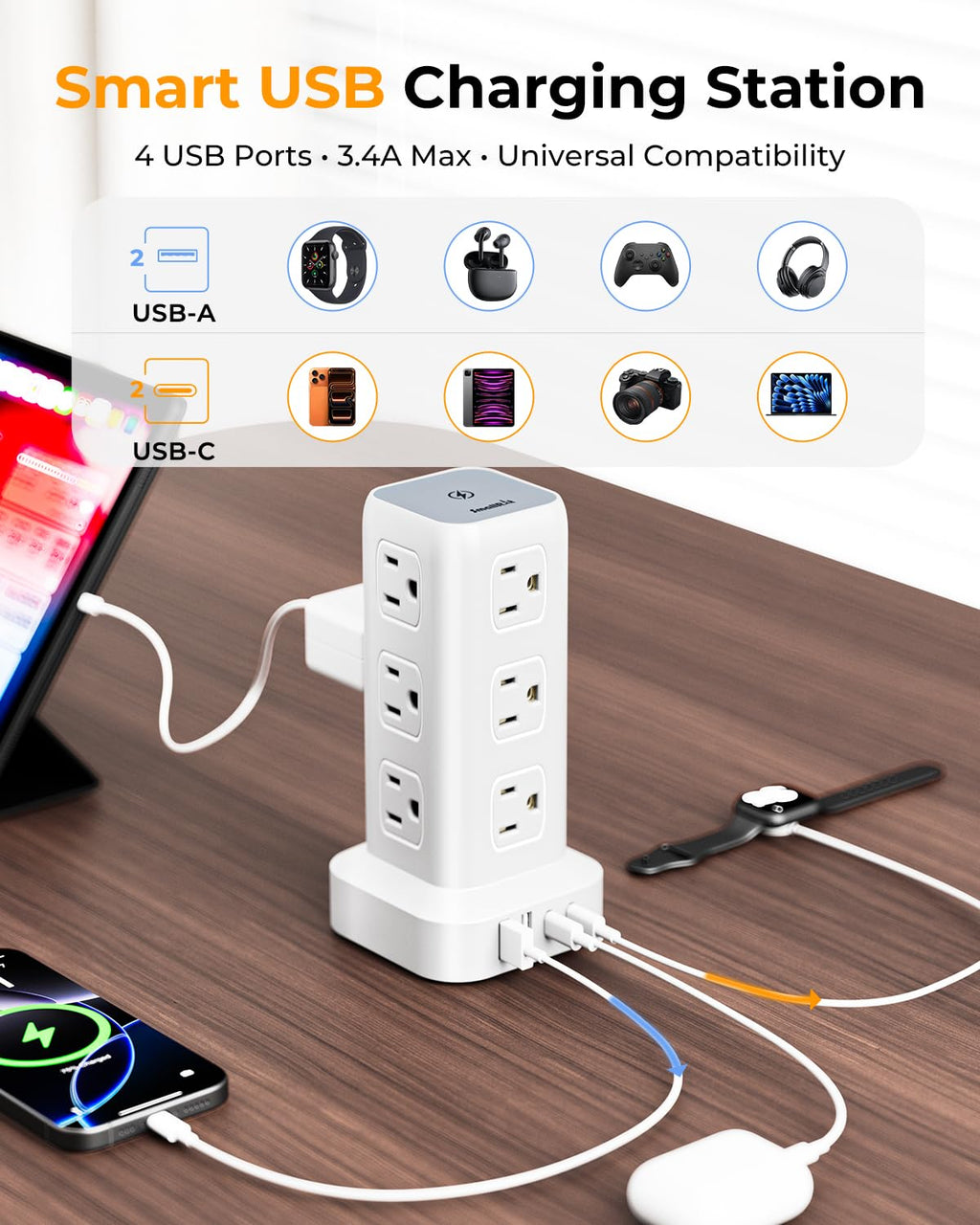 Tower Surge Protector Power Strip with 12 Outlets 4 USB (1 USB C), 6.5Feet Extension Cord with Multiple Outlets, Charging Station, Power Strip Tower, Office Desk Supplies