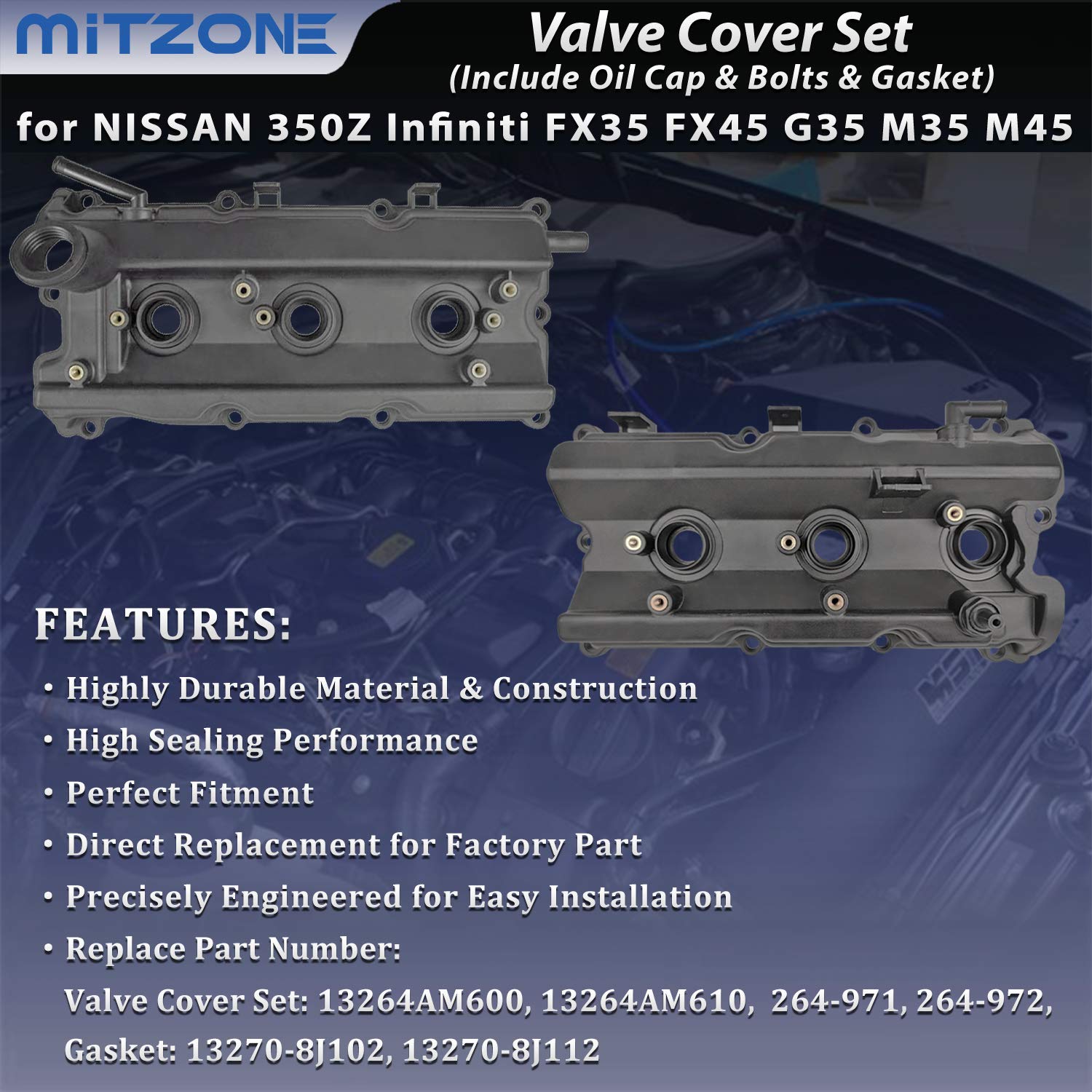 MITZONE Engine Valve Cover Set with Bolts & Oil Cap & Gaskets & Spark Plug Tube Seals & P CV Cover Compatible with 2003-2008 Nissan 350Z Infiniti FX35 G35 M35 VQ35DE 3.5L Part# 13264AM600 13264AM610