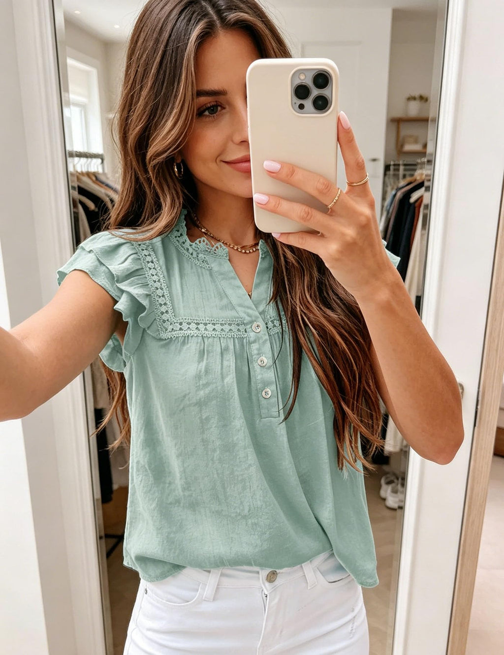 Women's V Neck Lace Crochet Shirts Button Down Short Sleeve Casual Blouse Tops