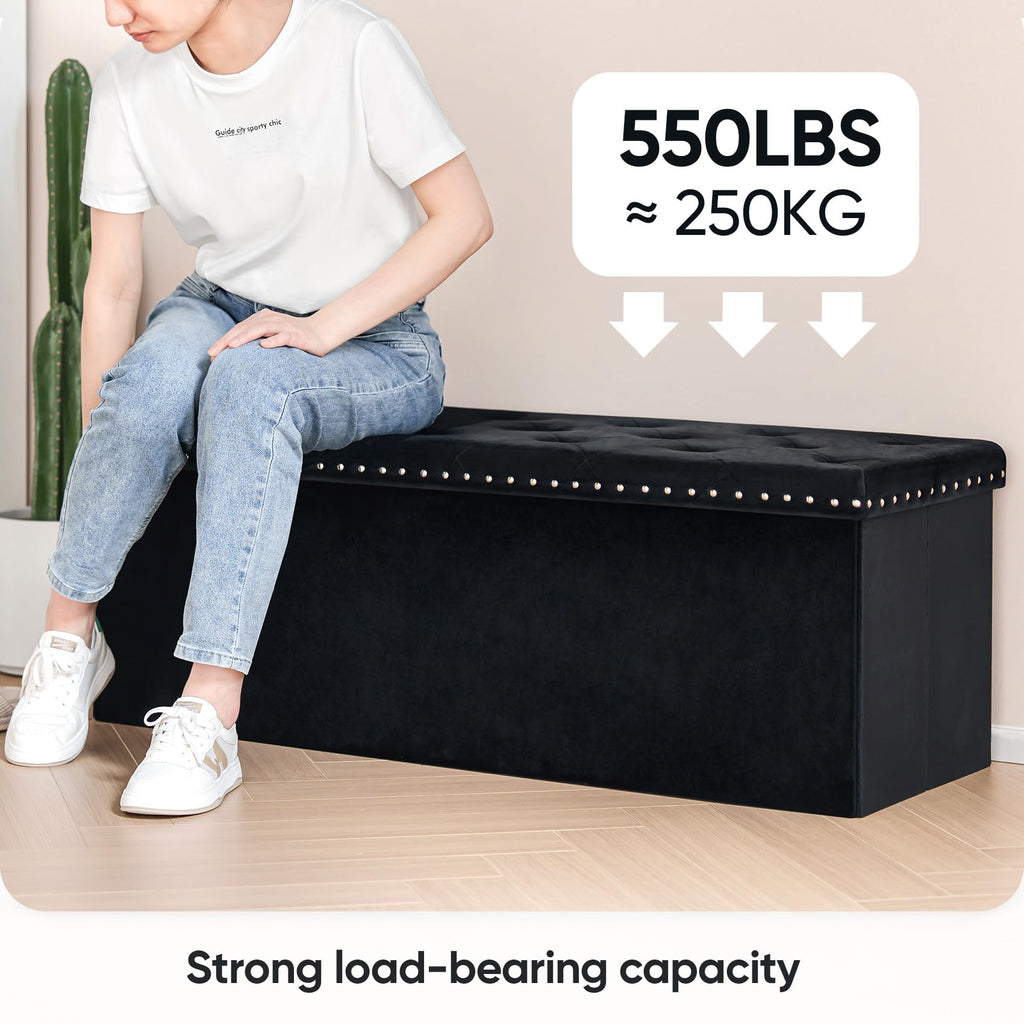 PINPLUS Folding Storage Ottoman Bench, Folding Velvet Tuffed Foot Rest Stool with Rivet, End of Bed Bench Large Long Shoes Chest for Bedroom Entryway Living Room, Beige, 41.3 Inches