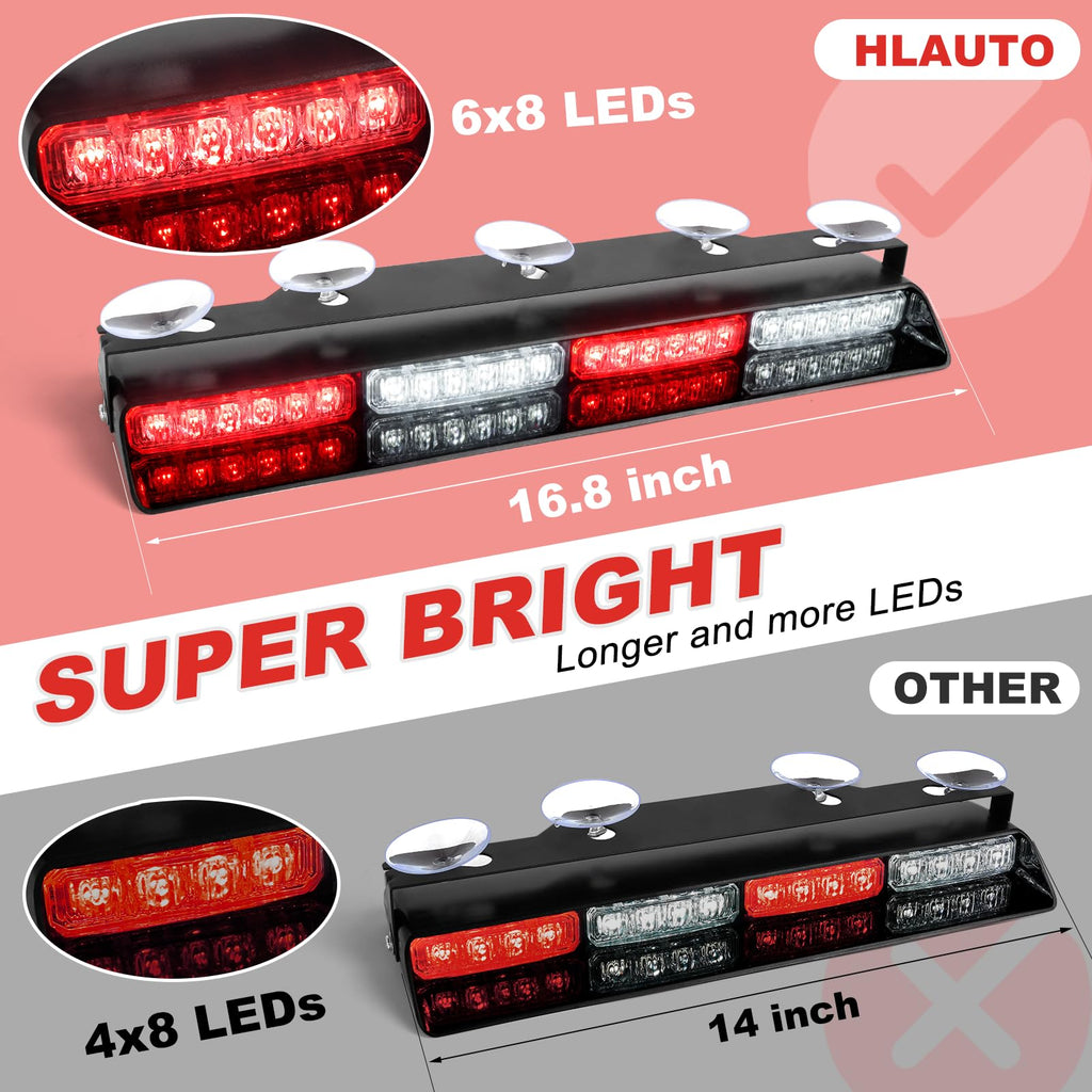 HLauto 604N Emergency Dash Strobe Lights: 2x16.8 inch Amber White Security Light w/Take Down, 48 LED Safety Flashing Warning Hazard Interior Windshield Light Bar for Truck Vehicle
