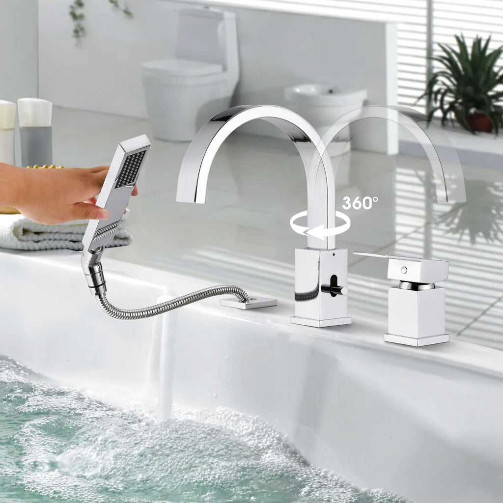 Brass Roman Tub Faucet with Sprayer, Deck Mount Bathtub Faucet with Hand Shower, 3 Hole Waterfall Faucet with 360 Spout, Single Handle Tub Filler with 8 GPM High Flow, Brushed Gold