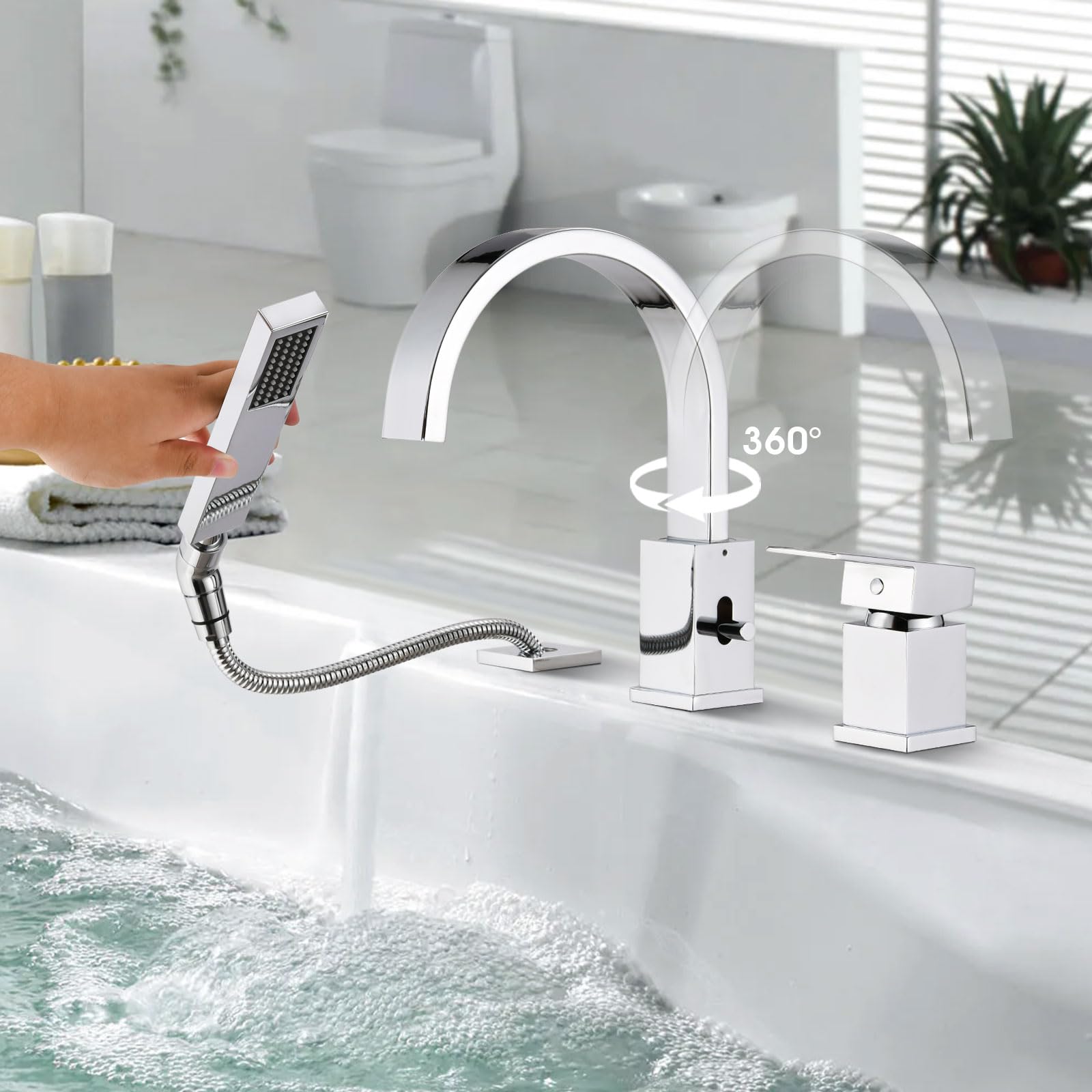 Brass Roman Tub Faucet with Sprayer, Deck Mount Bathtub Faucet with Hand Shower, 3 Hole Waterfall Faucet with 360 Spout, Single Handle Tub Filler with 8 GPM High Flow, Brushed Gold