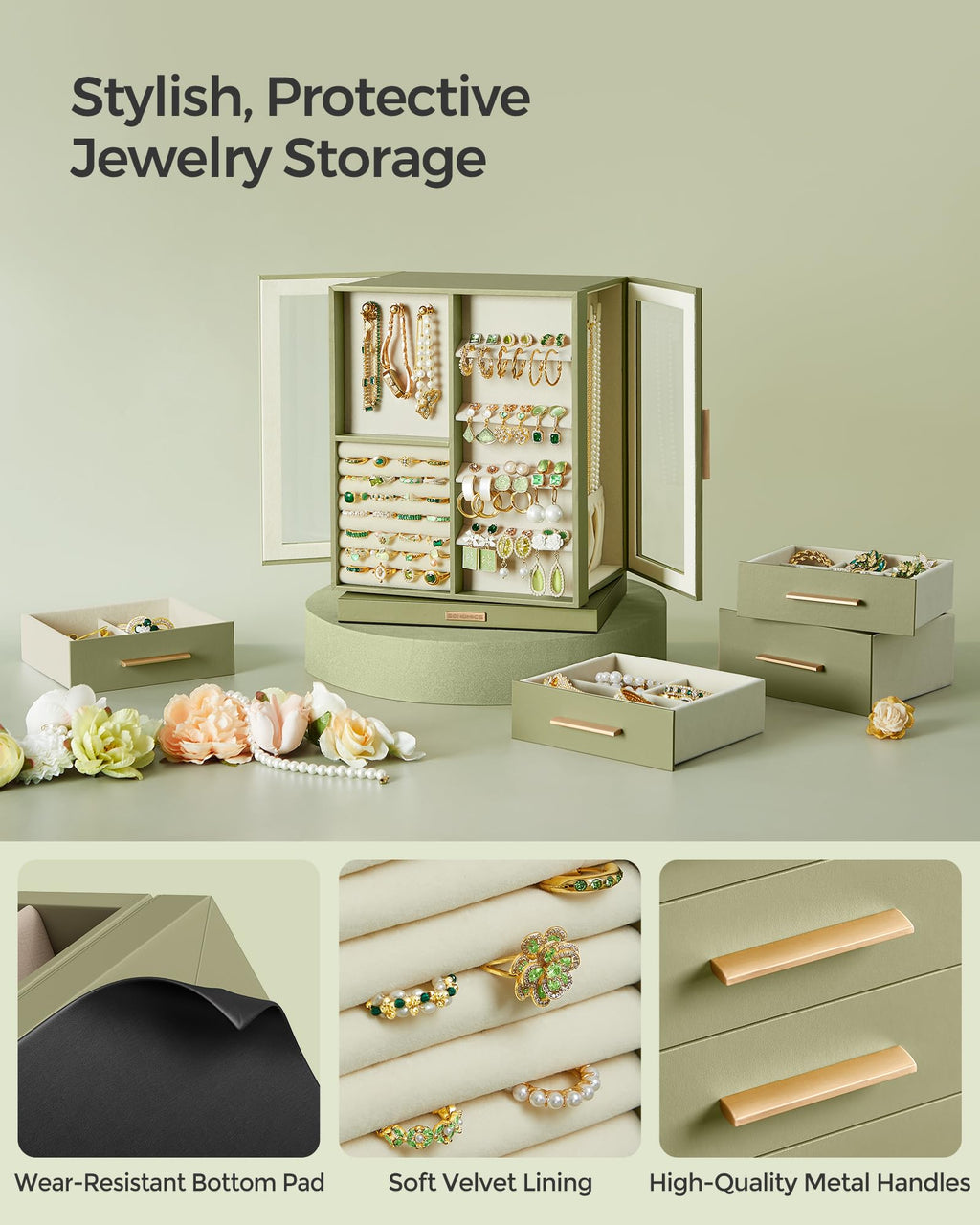SONGMICS GISELLA Collection - Jewelry Box Organizer 360° Rotating, Vertical Jewelry Storage Case with 5 Drawers, Glass Window, Spacious, Open Design, Great Gift, Cloud White UJBC170W01