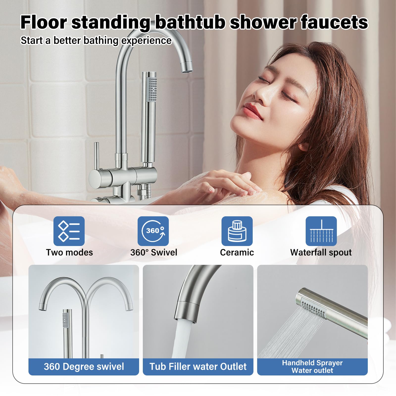 Brushed Gold Freestanding Bathtub Faucet with Hand Shower Tub Filler Faucet Floor Mounted High Flow Single Handle Bath Filler Solid Brass