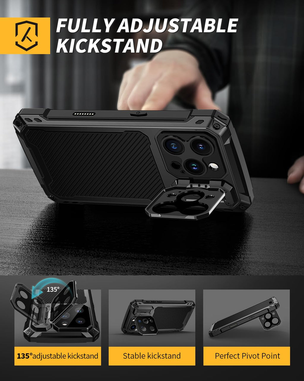 Lanhiem for iPhone 16 Metal Case with Camera Cover & Stand [Compatible with MagSafe] [Built-in Kickstand] [Military-Grade Protection] Heavy Duty Rugged Magnetic Phone Case, Black