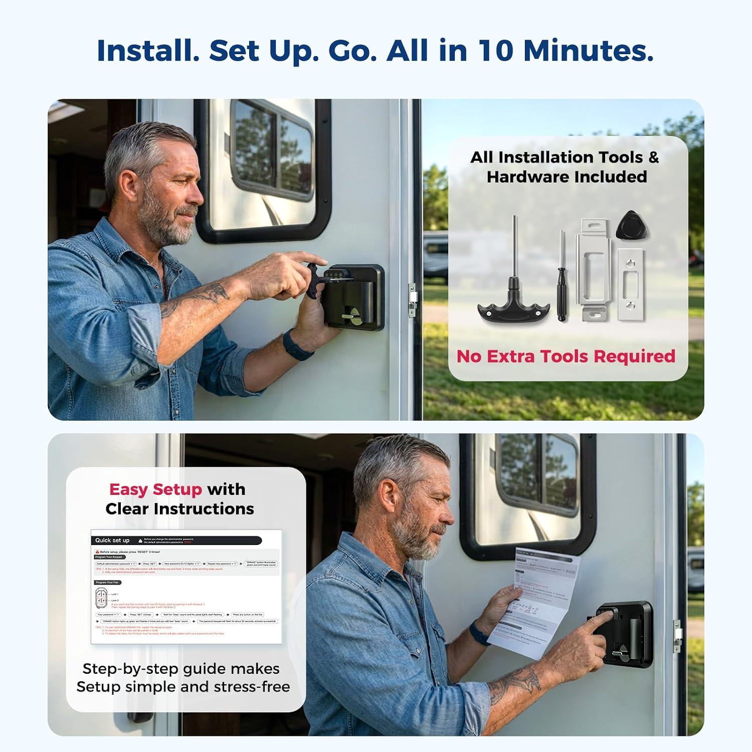 ONNAIS RV Door Lock Replacement – Full Metal Keyless Entry, 10-Digit Keypad, Dual-Door Remote, Backup Key, RV Essential, Ideal Gift for RV Owners