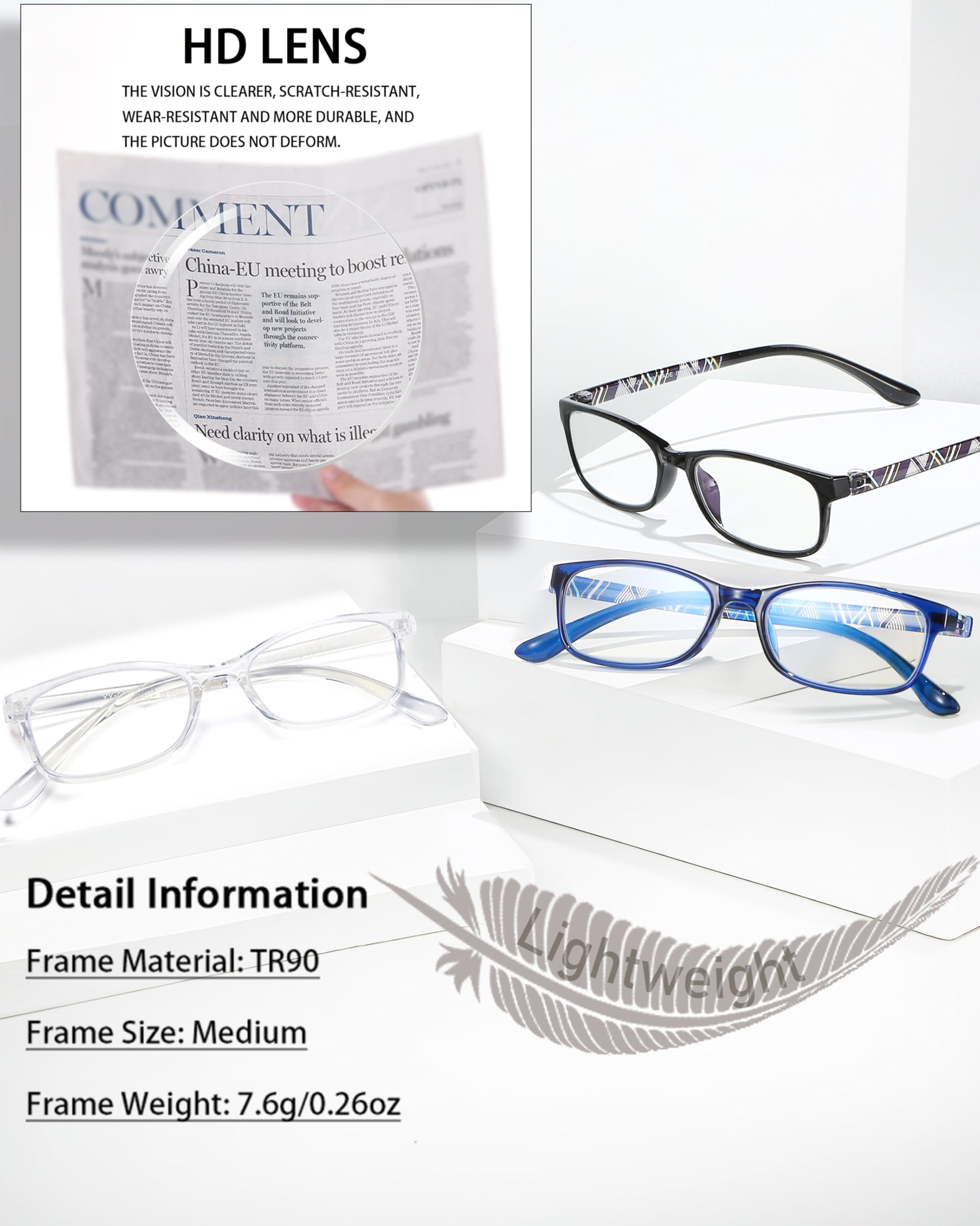 EYEURL Reading Glasses for Women Men Blue Light Blocking, 0.00 Anti Eye Strain Computer Readers, TR90 Ultra Lightweight Rectangle Frame Eyeglasses