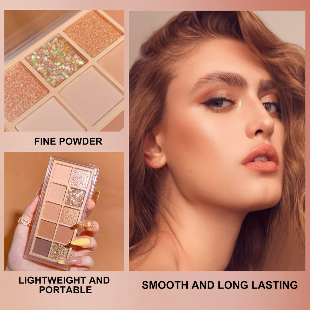 Erinde 10 Colors Eyeshadow Palette Makeup - Matte Shimmer Glitter Eye Shadow Korean Makeup, Ultra-Blendable, High Pigmented, Natural-Looking, Peach Brown Eyeshadow Pallet with Brush, Peach Color