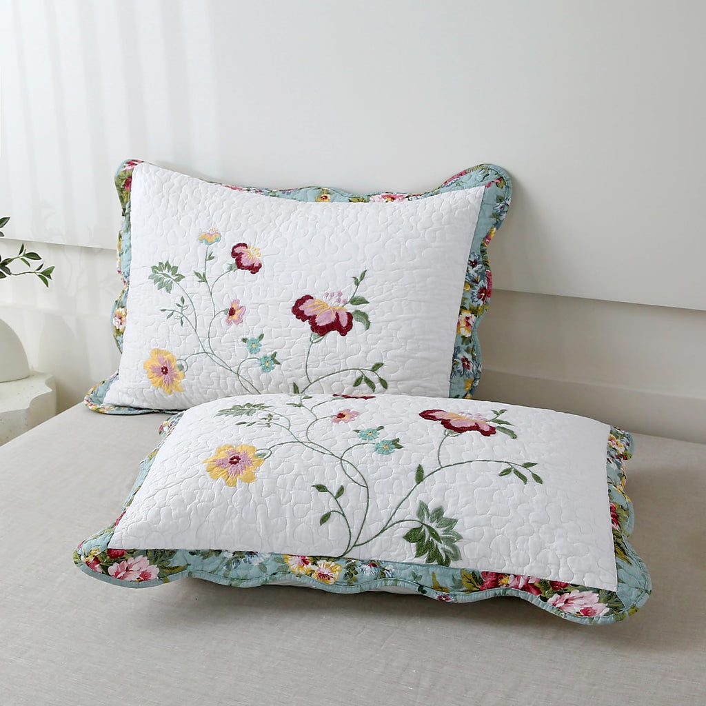 vctops 3-Piece Floral Embroidered Bedspread Coverlet Set Twin Size 100% Cotton Reversible Patchwork 1 Quilt and 2 Pillow Shams (Flower,Twin)