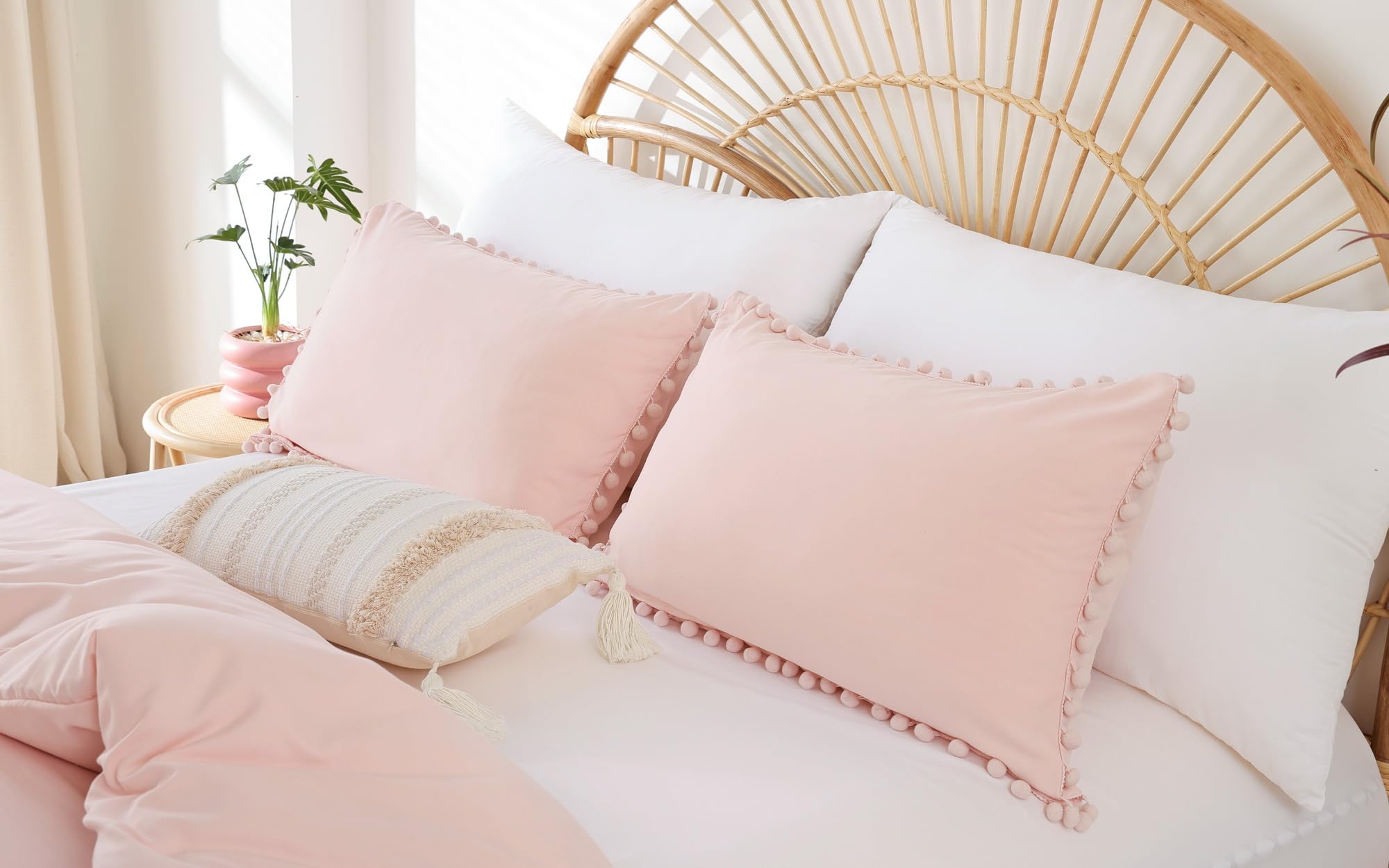 YIRDDEO Twin Comforter Set - Comforter Twin Size Bed with Ball Pom Fringe, Soft Bedding Set for All Seasons - 2 Pieces, 1 Comforter (66"x90") & 1 Pillow Sham(20"x26"), Beige