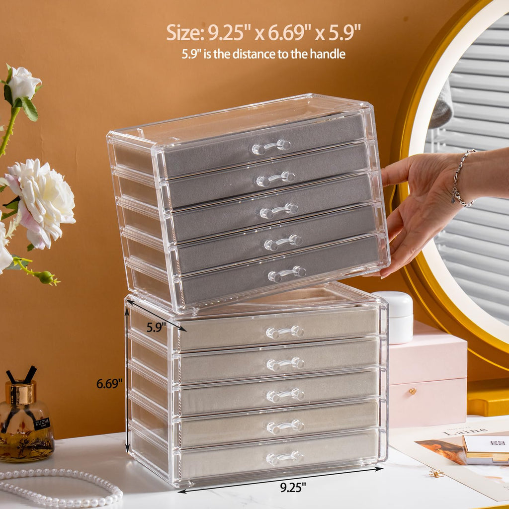 YUFONG Necklace Holder Organizer, Dustproof Necklace Box Velvet Necklace Organizer Box with Lid Clear Acrylic Dustproof Stackable Jewelry Displays for Necklaces Chain Display (Beige, 3 Drawer)
