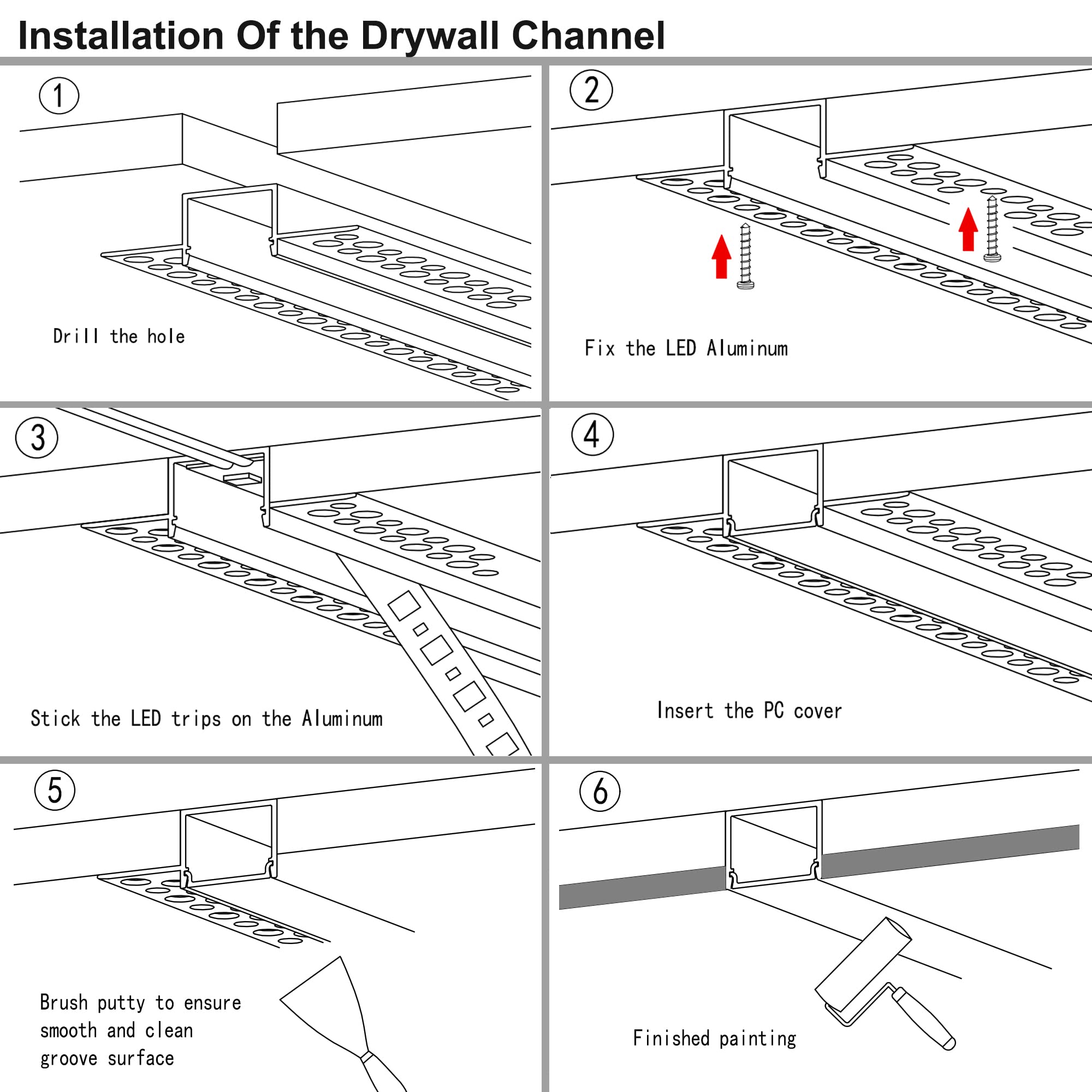 hunhun 10-Pack6.6ft/2Meter Drywall LED Aluminum Channel System with Milky Cover, End Caps and Mounting Clips, Aluminum Profile for LED Strip Light Installations (Single-Edge-6.6ft, 10)