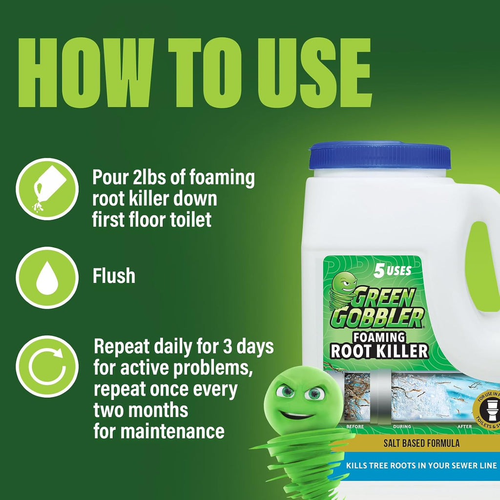 Green Gobbler, FOAMING Root Killer | Kills Tree Roots in Pipes & Sewer Lines | Contains No Copper Sulfate | Safe for Pipes and Septic - 4 USES, 10LBS