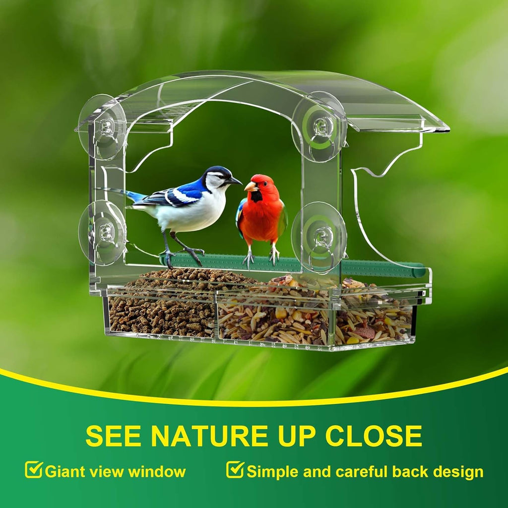 Clear Acrylic Window Bird Feeder for Outside with 4 Strong Suction Cups and Detachable Seed Tray, Highly Transparent Outdoor Viewing Birdfeeder, Wild Bird House Box