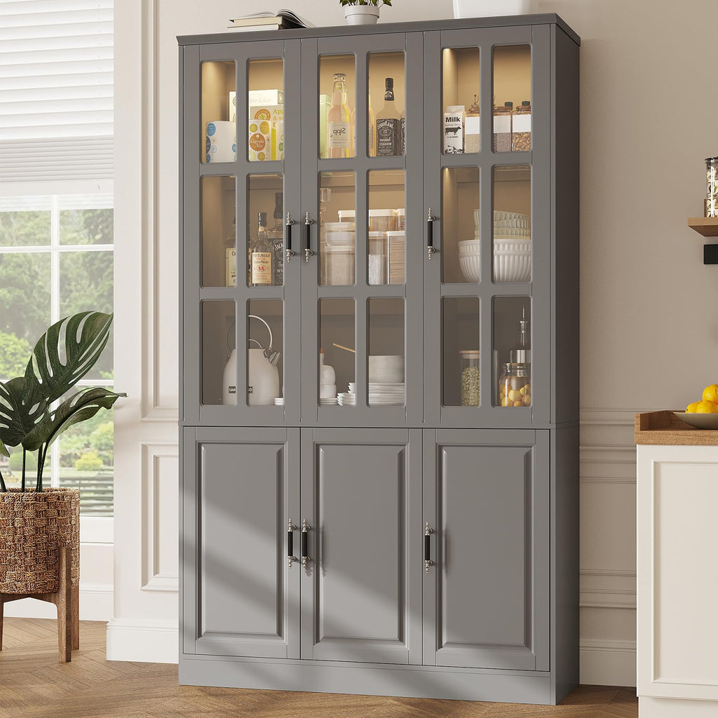 MEISSALIVVE Kitchen Pantry Storage Cabinet with LED Lights, 78.7" Tall with Glass Doors & Drawers, Freestanding Utility Cabinet, Black (31.5" W x 15.7" D)