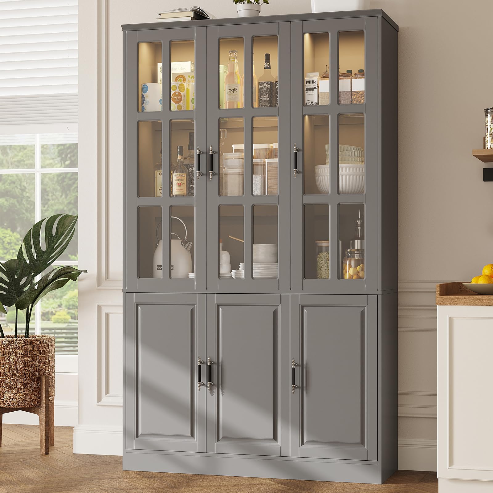 MEISSALIVVE Kitchen Pantry Storage Cabinet with LED Lights, 78.7" Tall with Glass Doors & Drawers, Freestanding Utility Cabinet, Black (31.5" W x 15.7" D)