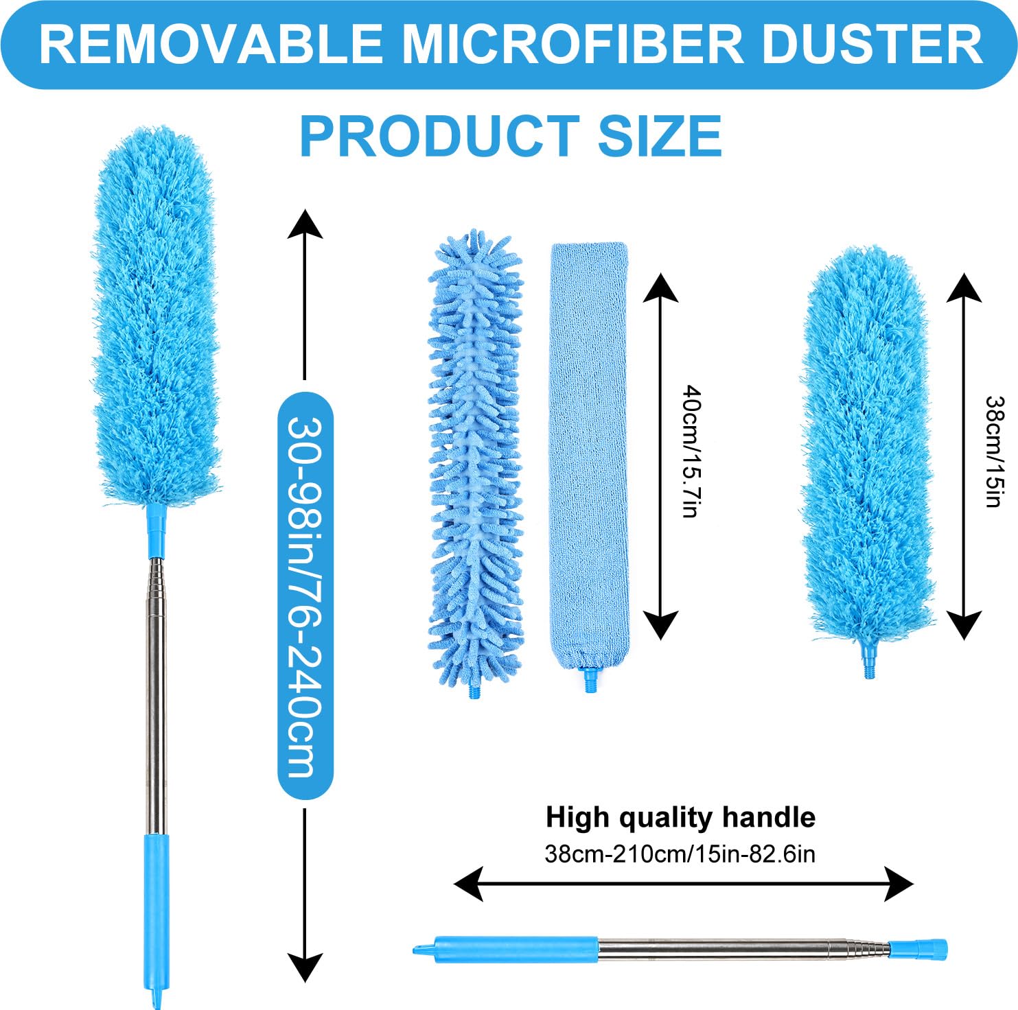 Ceiling Fan Cleaner Duster Reusable Microfiber Removable Duster with Extension Pole Adjusts 12 to 71 Inch for Cleaning Walls Bookshelves Furniture Door Window Top (Blue)