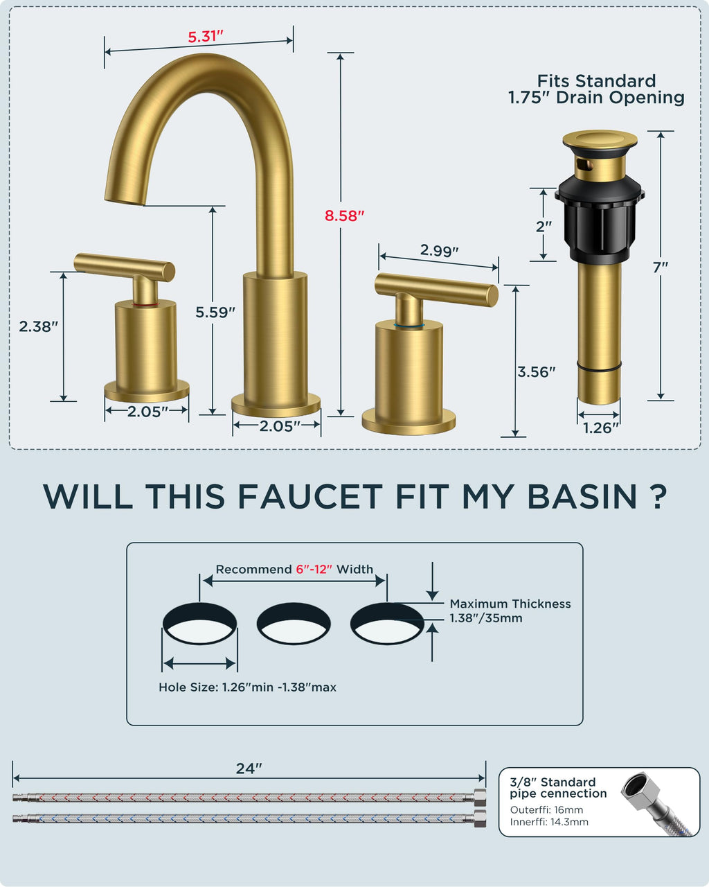 FORIOUS 4" Brushed Gold Bathroom Faucet Centerset 4 Inch, 2 Handle 2 Hole Gold Faucets for Bathroom Vanity wtih Metal Pop Up Dain, CUPC Supply Hose, High Arc Swivel Spout