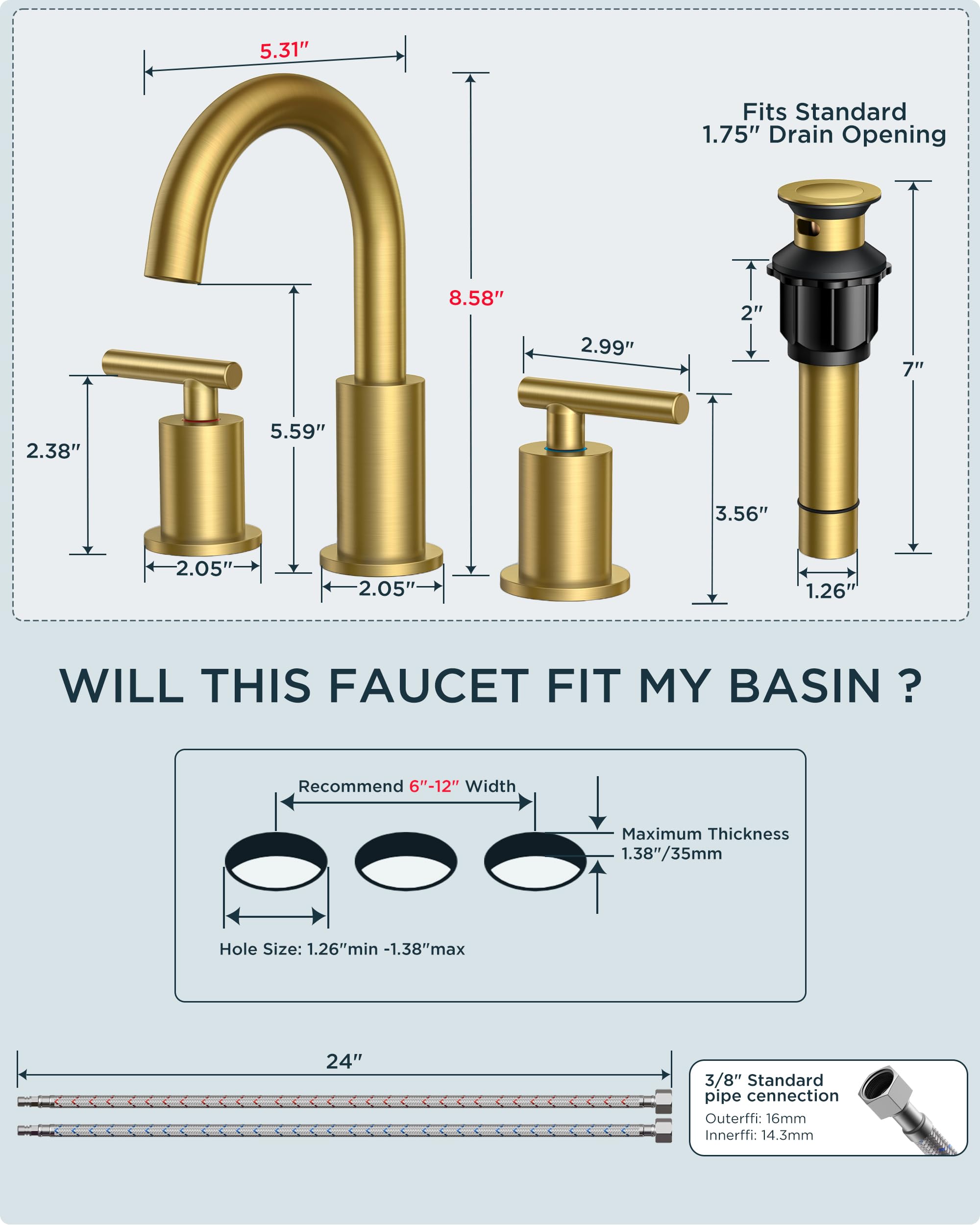FORIOUS 4" Brushed Gold Bathroom Faucet Centerset 4 Inch, 2 Handle 2 Hole Gold Faucets for Bathroom Vanity wtih Metal Pop Up Dain, CUPC Supply Hose, High Arc Swivel Spout